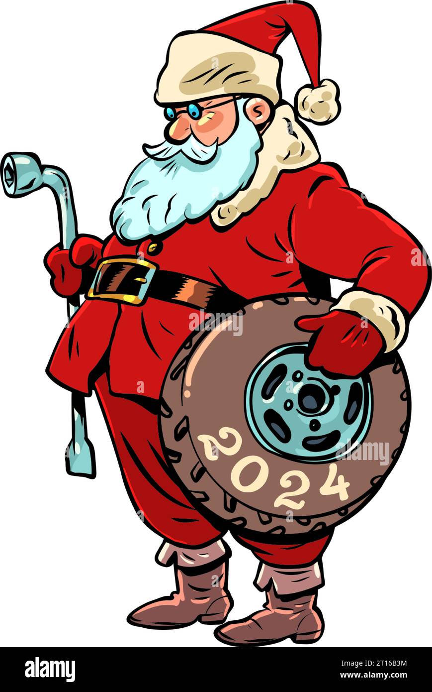 Preparing for the new year for drivers. Car repair and tire change due to winter. Santa