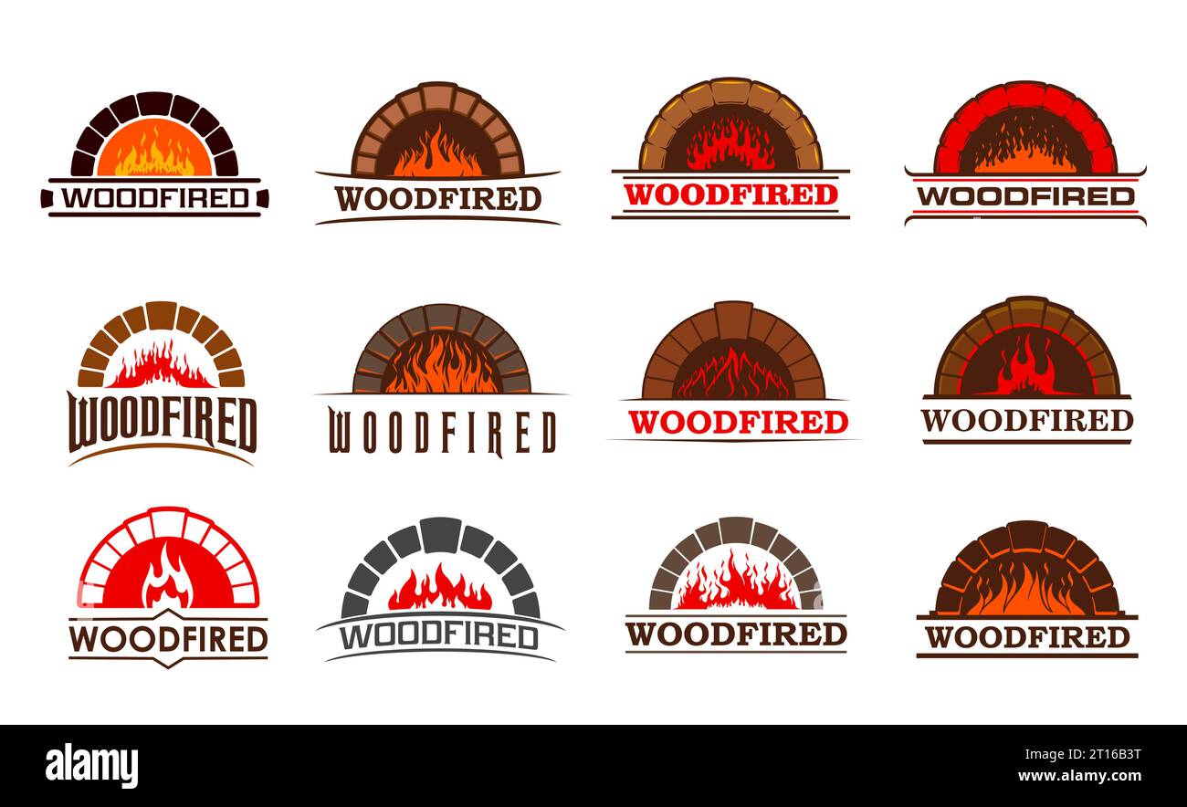 Firewood fireplace, chimney and woodfired hearth vector icons of fire in brick oven. Pizzeria