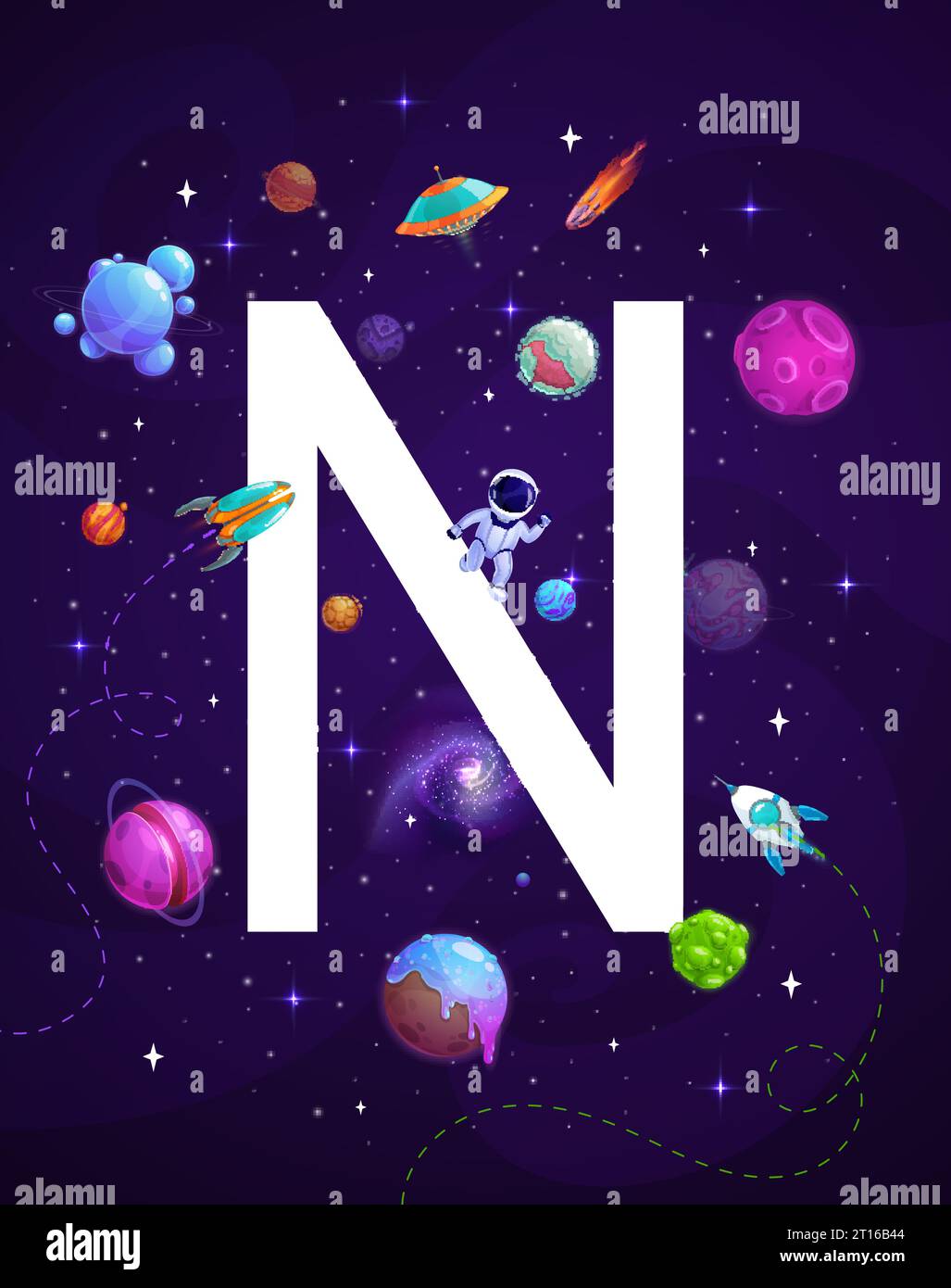 Cartoon space letter N on starry galaxy vector background. Kids alphabet education poster with astronaut, futuristic galaxy planets, rockets and alien UFO, comets and stars. Space alphabet font Stock Vector