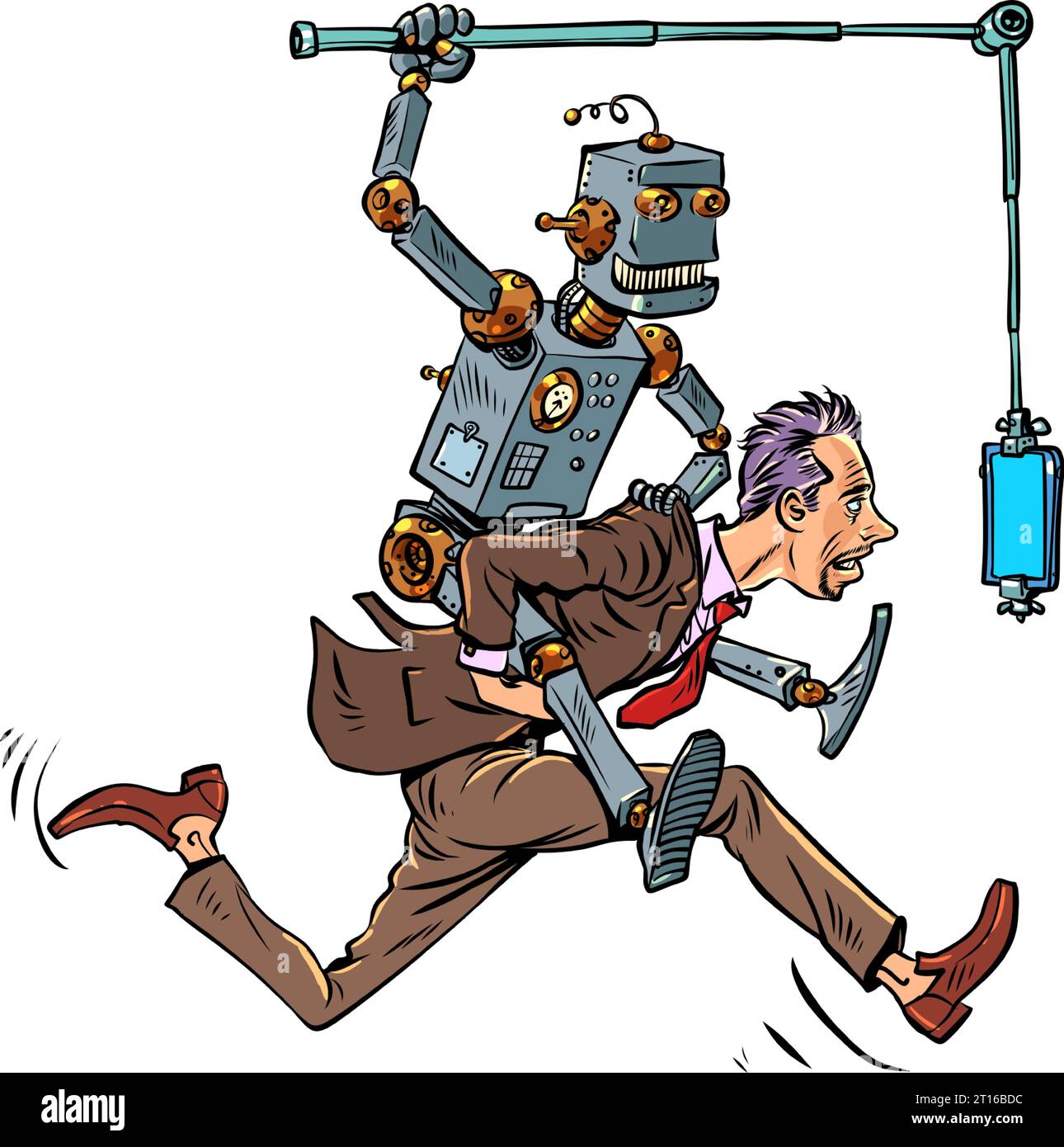Artificial intelligence controls humanity. The threat of technology development without limits. The man carries the robot and runs for the phone. Stock Vector