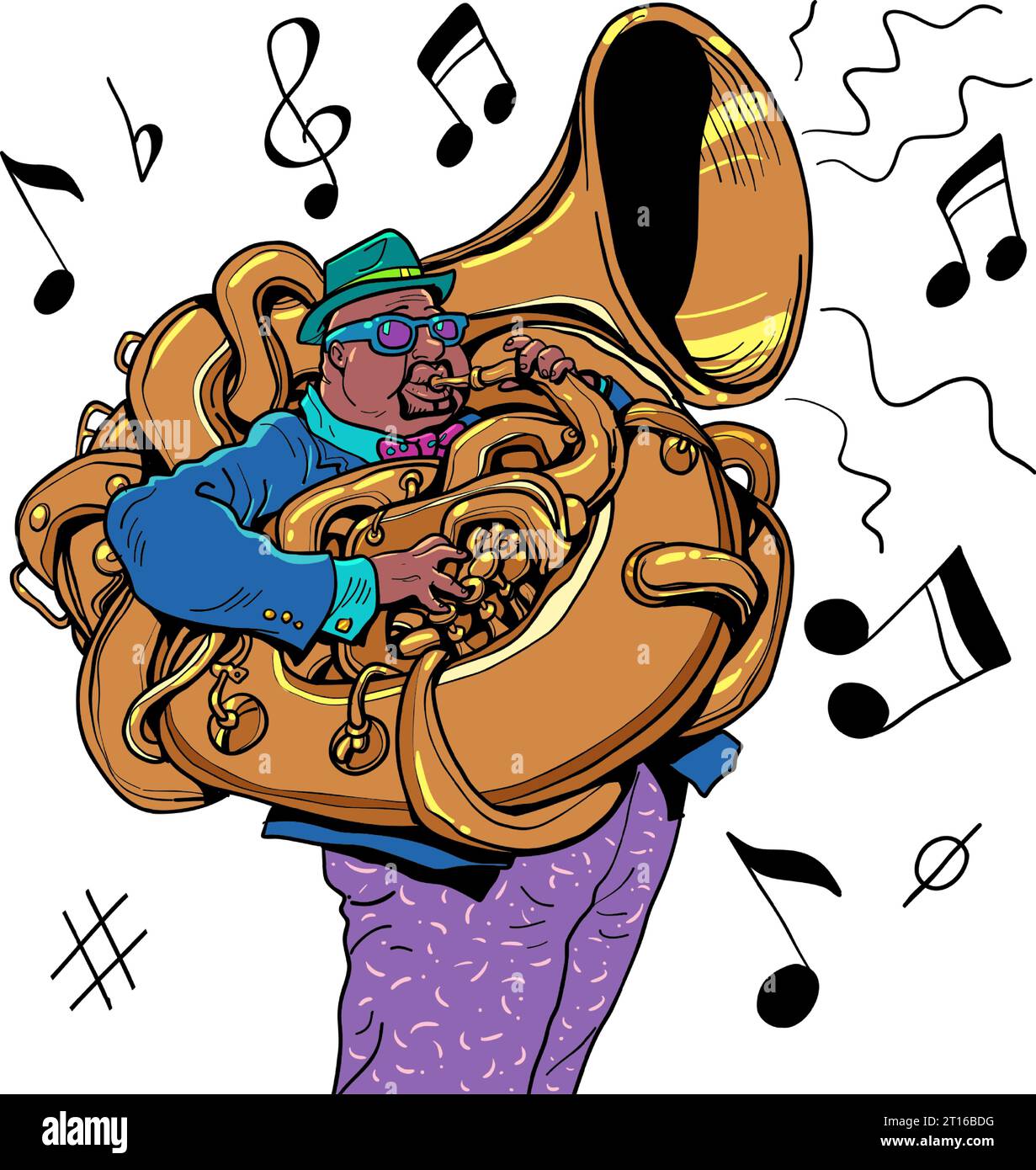 Musical instrument and notes. A man plays the horn. Jazz in your