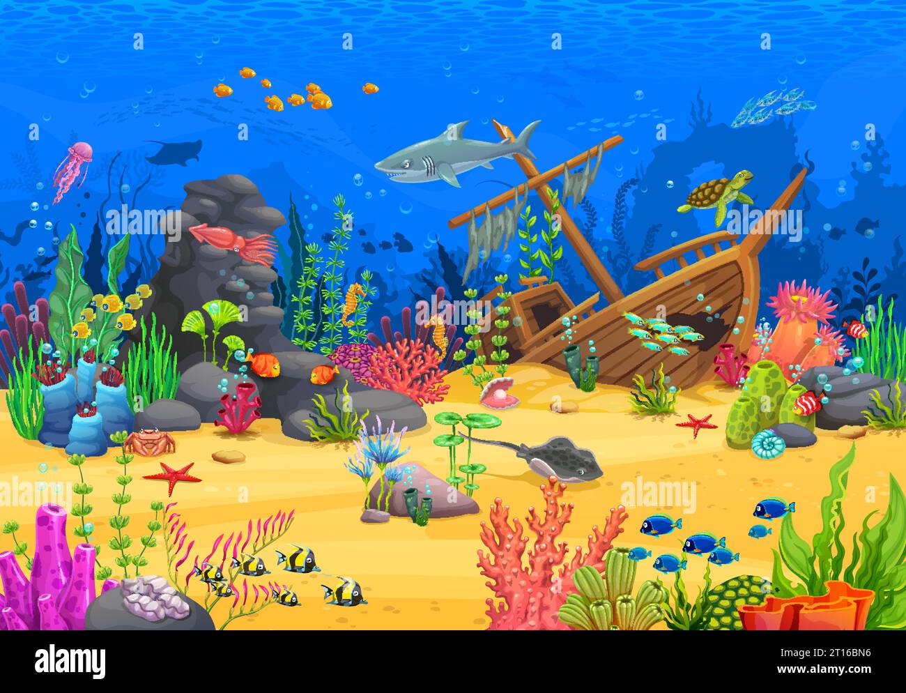 Game level with cartoon underwater animals and landscape with sunken ...