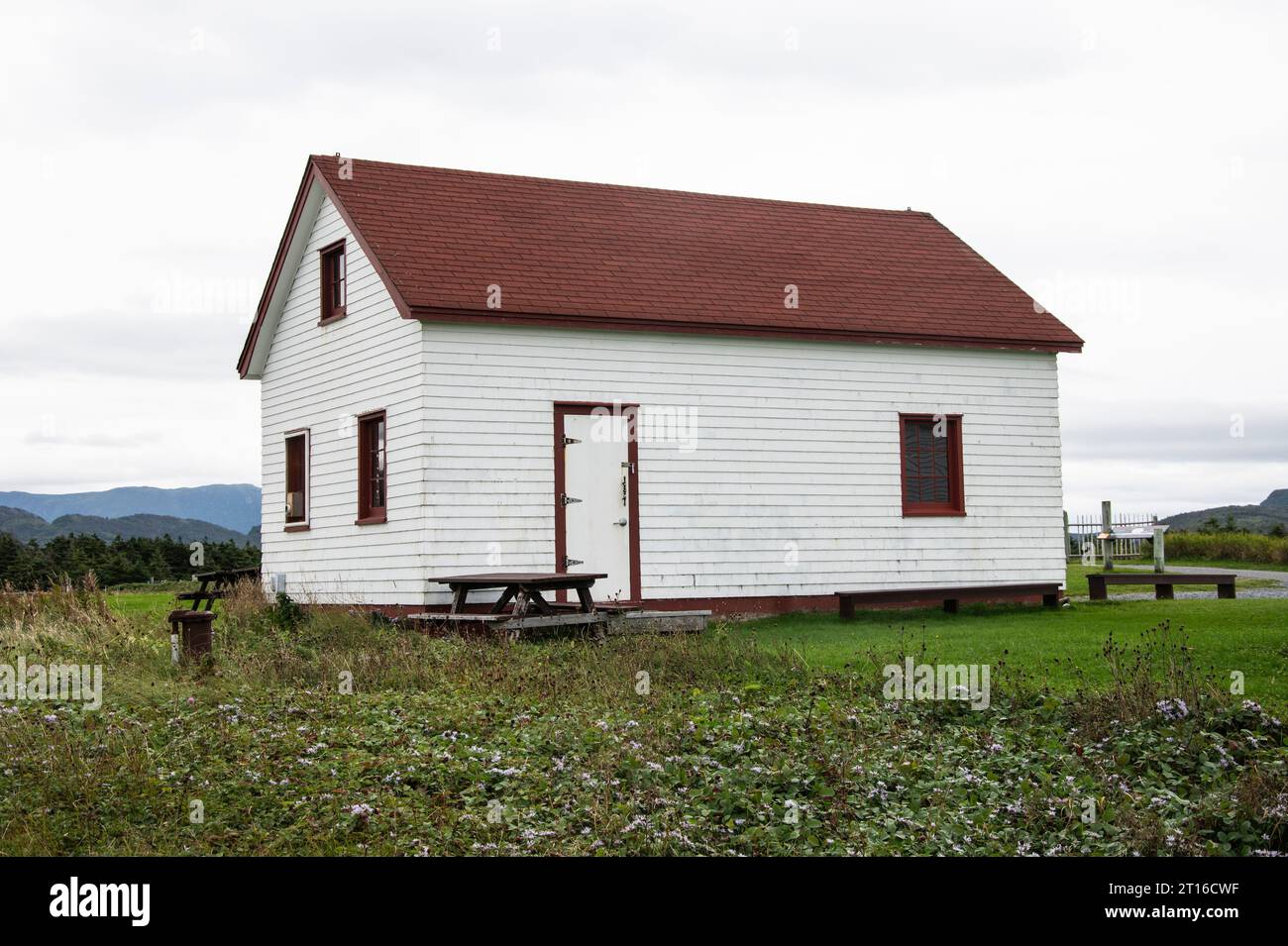Shed at Lobster Cove Head lighthouse in Newfoundland & Labrador, Canada Stock Photo