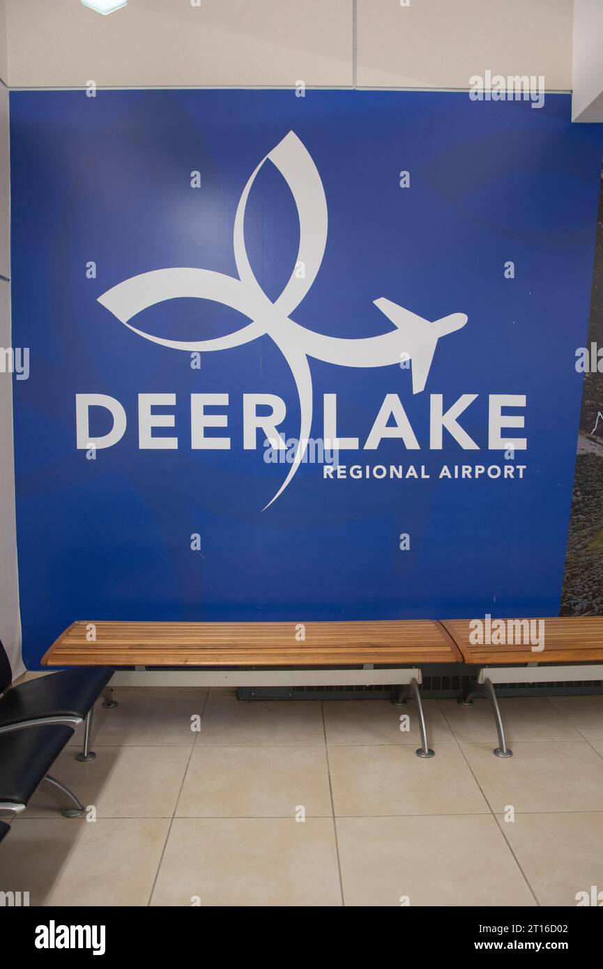 Deer Lake regional airport sign inside airport terminal in Newfoundland & Labrador, Canada Stock Photo