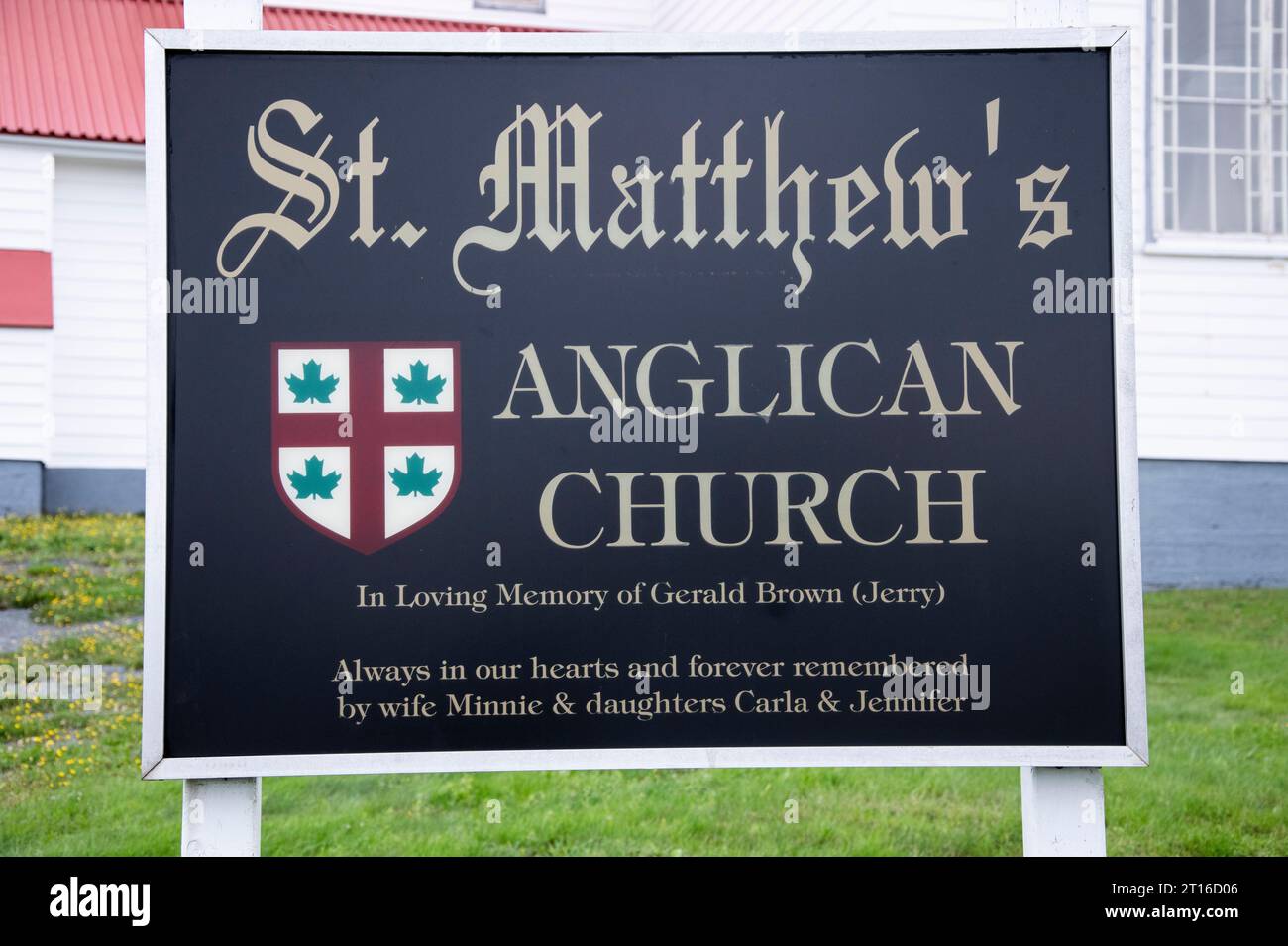 St. Matthew's Anglican Church sign in Bay Roberts, Newfoundland & Labrador, Canada Stock Photo