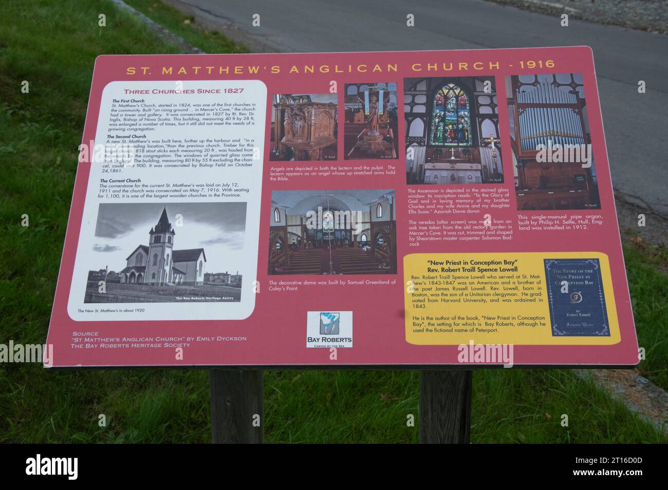 St. Matthew's Anglican Church history sign in Bay Roberts, Newfoundland & Labrador, Canada Stock Photo