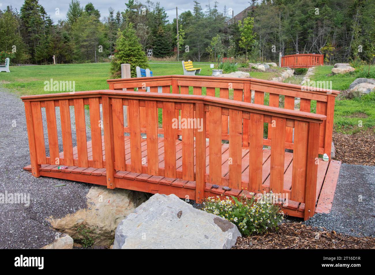 Labrador Bridge Red wooden bridges at the Cranford Family community park in New Harbour ...