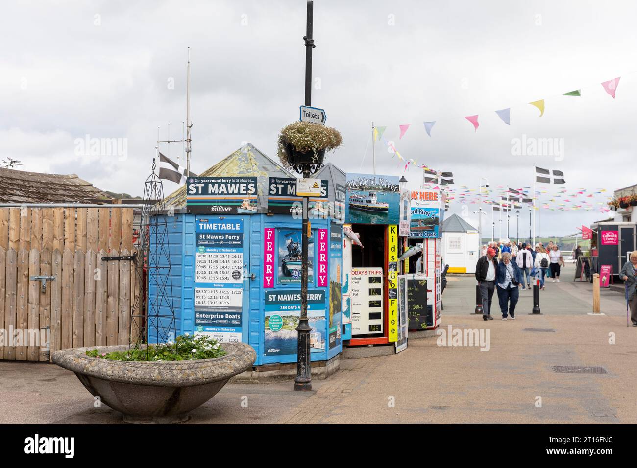 September 2023, Falmouth Pier Cornwall, ticket booths offering ferry trips and river cruises from Falmouth Pier to St Mawes and local areas,England Stock Photo