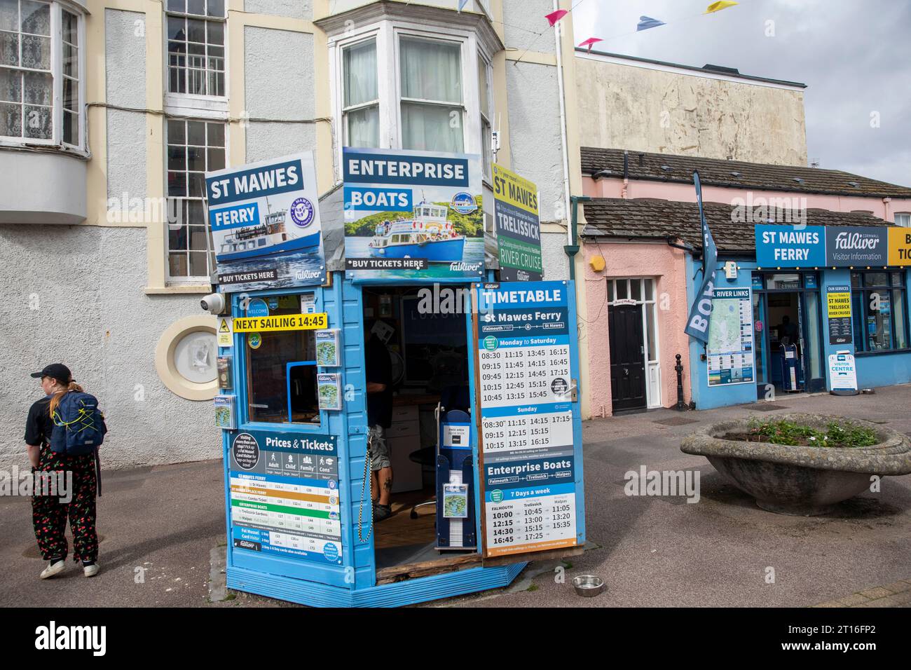 September 2023, Falmouth Pier Cornwall, ticket booths offering ferry trips and river cruises from Falmouth Pier to St Mawes and local areas,England Stock Photo
