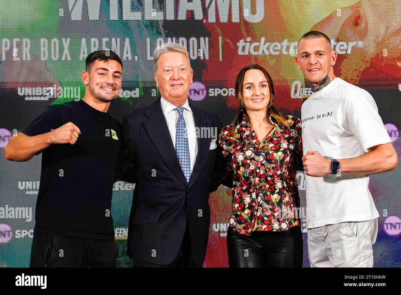 LONDON, UNITED KINGDOM. 11 Oct, 23. Frank Warren (centre), Sam Noakes (left), Raven Chapman (centre, right) and Gavin Gwynn (right) during Sheeraz vs Williams - Undercard Press Conference at Bloomsbury Ballroom on Wednesday, October 11, 2023 in LONDON, ENGLAND. Credit: Taka G Wu/Alamy Live News Stock Photo