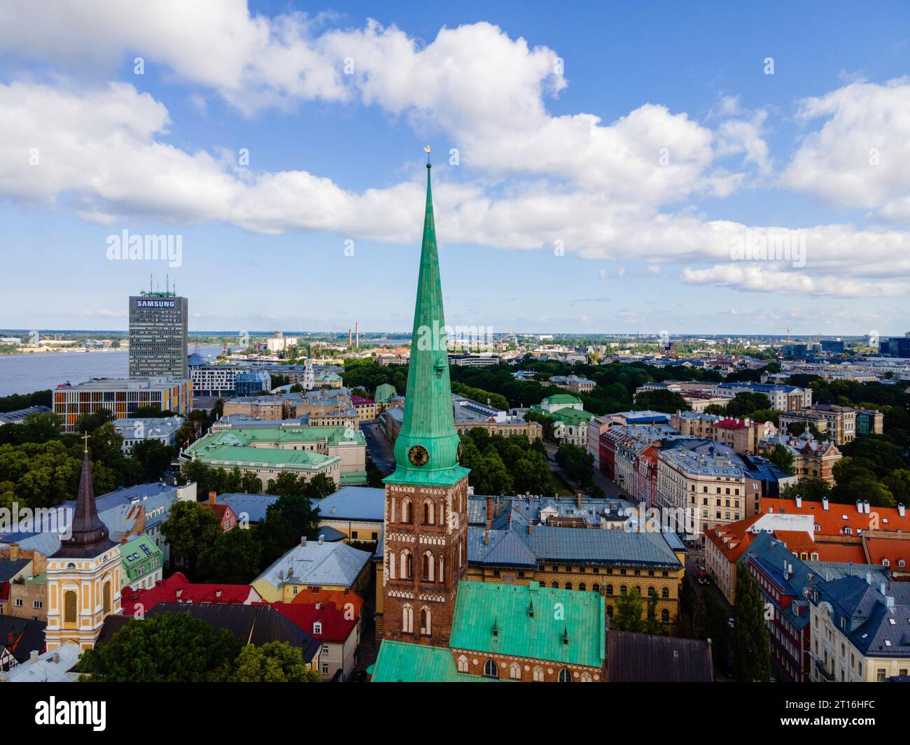 An aerial photograph of St. Jacob's Cathedral/R gas Sv t  J kaba Katedr le and Vecpils ta (Old Town), Riga, Latvia. Stock Photo