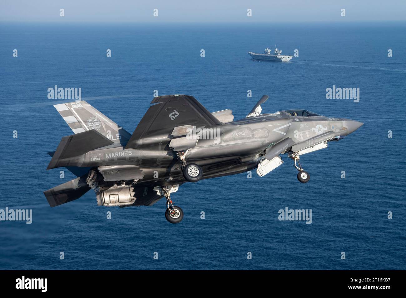 October 11, 2023: Atlantic Ocean: BF-18 Flt 575, USMC Test pilot, Maj Paul Gucwa from Air Test and Evaluation Squadron 23 (VX-23) flies an F-35B aboard HMS Prince of Wales in support of the final First of Class sea trials for F-35B test (DT-3). Aircraft carrier HMS Prince of Wales (R09) participation in WESTLANT 23 encompasses a range of U.K. and U.S. naval aircraft trials in the Western Atlantic throughout the autumn of 2023. (Credit Image: © Dane Wiedmann/U.S. Navy/ZUMA Press Wire) EDITORIAL USAGE ONLY! Not for Commercial USAGE! Stock Photo