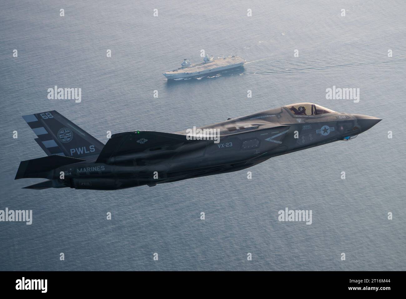 October 11, 2023: Atlantic Ocean: BF-18 Flt 575, USMC Test pilot, Maj Paul Gucwa from Air Test and Evaluation Squadron 23 (VX-23) flies an F-35B aboard HMS Prince of Wales in support of the final First of Class sea trials for F-35B test (DT-3). Aircraft carrier HMS Prince of Wales (R09) participation in WESTLANT 23 encompasses a range of U.K. and U.S. naval aircraft trials in the Western Atlantic throughout the autumn of 2023. (Credit Image: © Dane Wiedmann/U.S. Navy/ZUMA Press Wire) EDITORIAL USAGE ONLY! Not for Commercial USAGE! Stock Photo