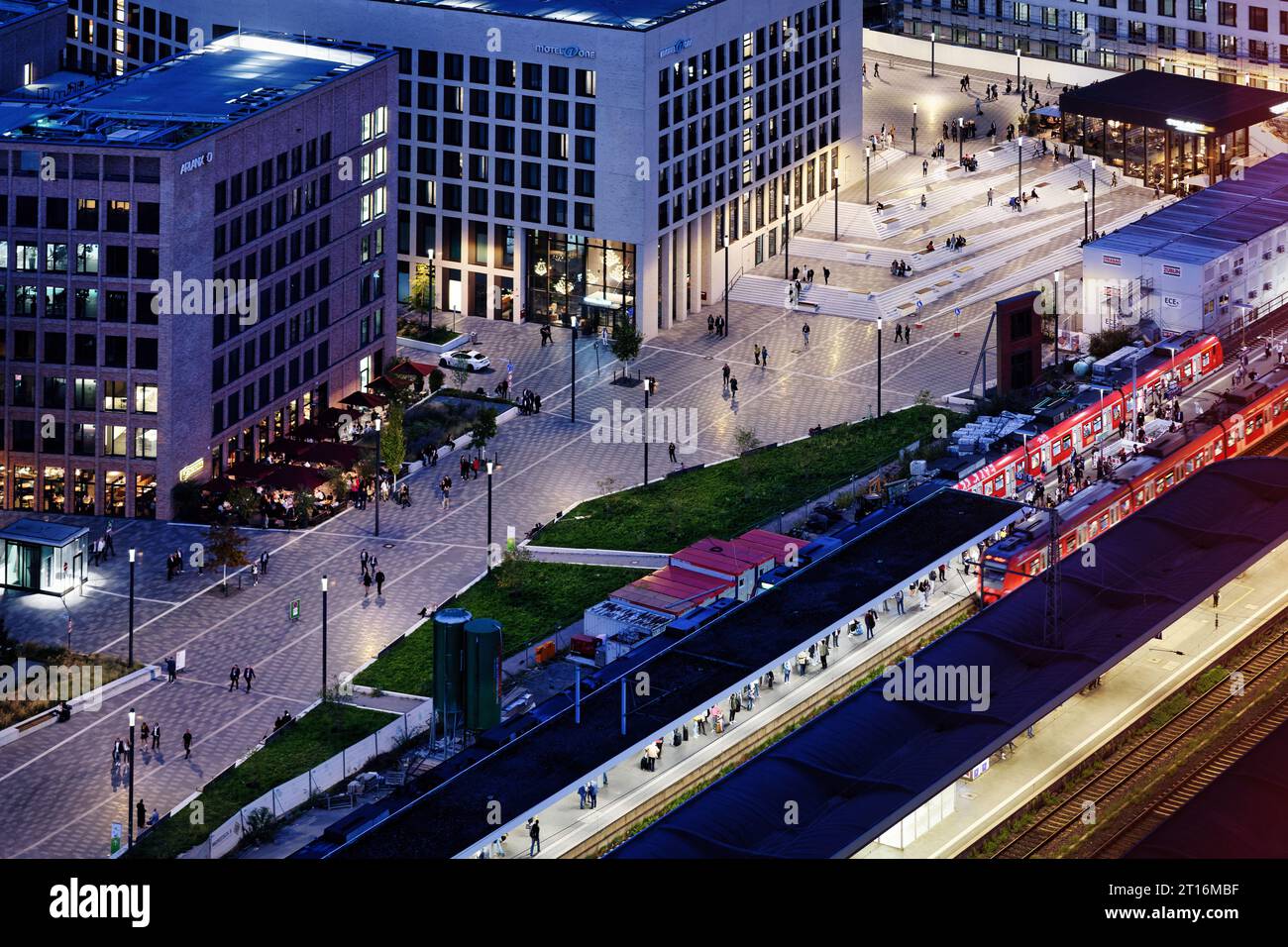 aerial view of deutz messe station with the stairway to the messe entrance south in the blue hour Stock Photo