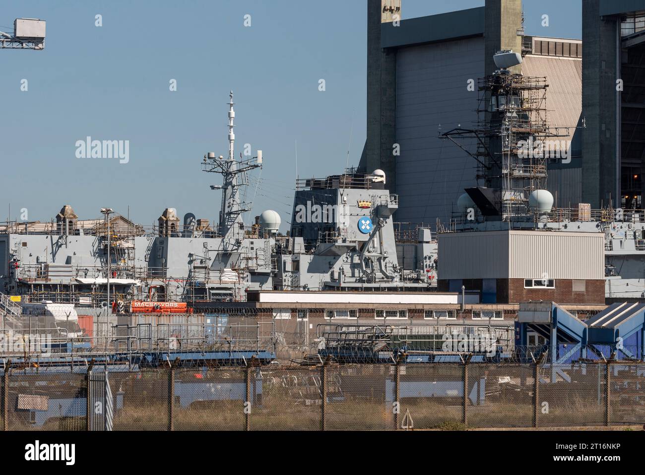 Plymouth, Devon, England, UK.  06. 09. 2023.  Navy ship in for repair at the largest navy repair yard in western Europe. HMNB Devonport. UK. Stock Photo