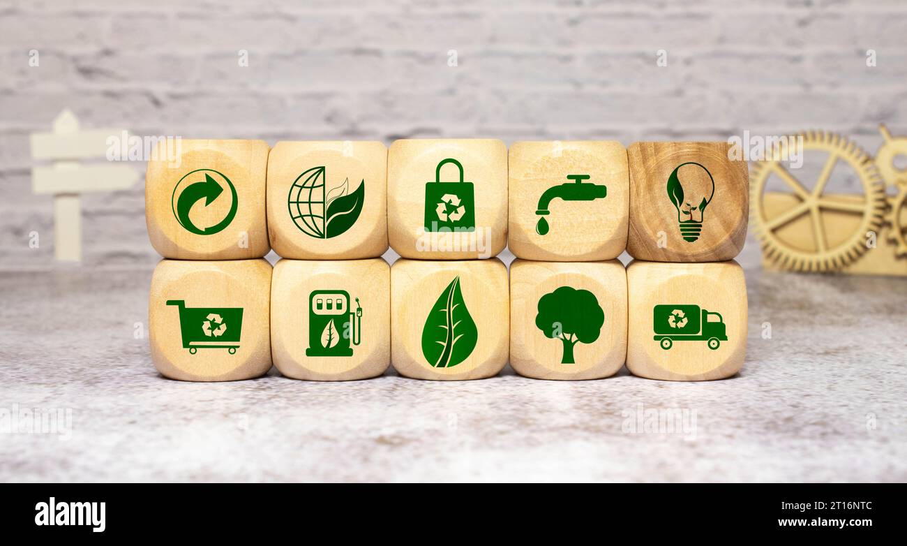 Circular economy concept, recycle, environment, reuse, manufacturing, waste, consumer, resources. LCA Life cycle assessment. Sustainability Wooden cub Stock Photo