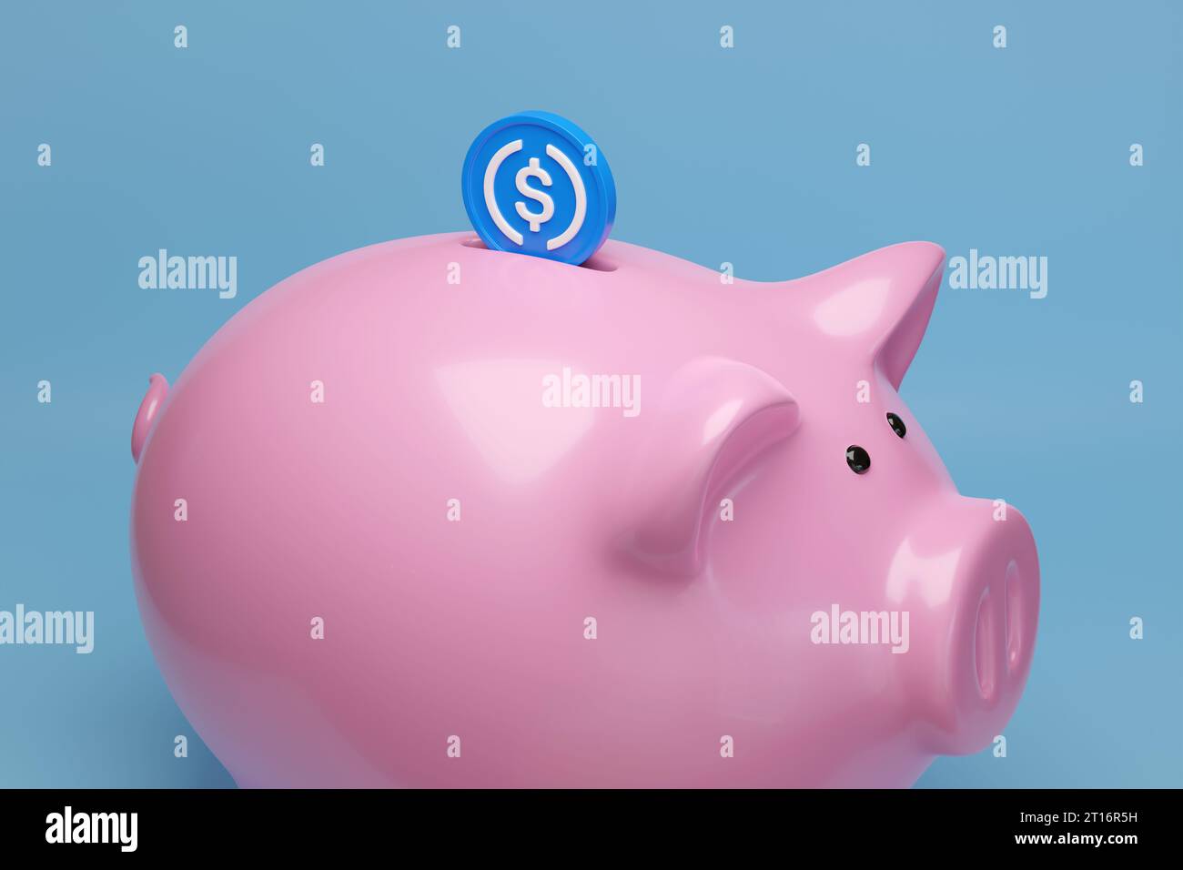 USDC coin entering on Piggy bank. 3d illustration. Stock Photo