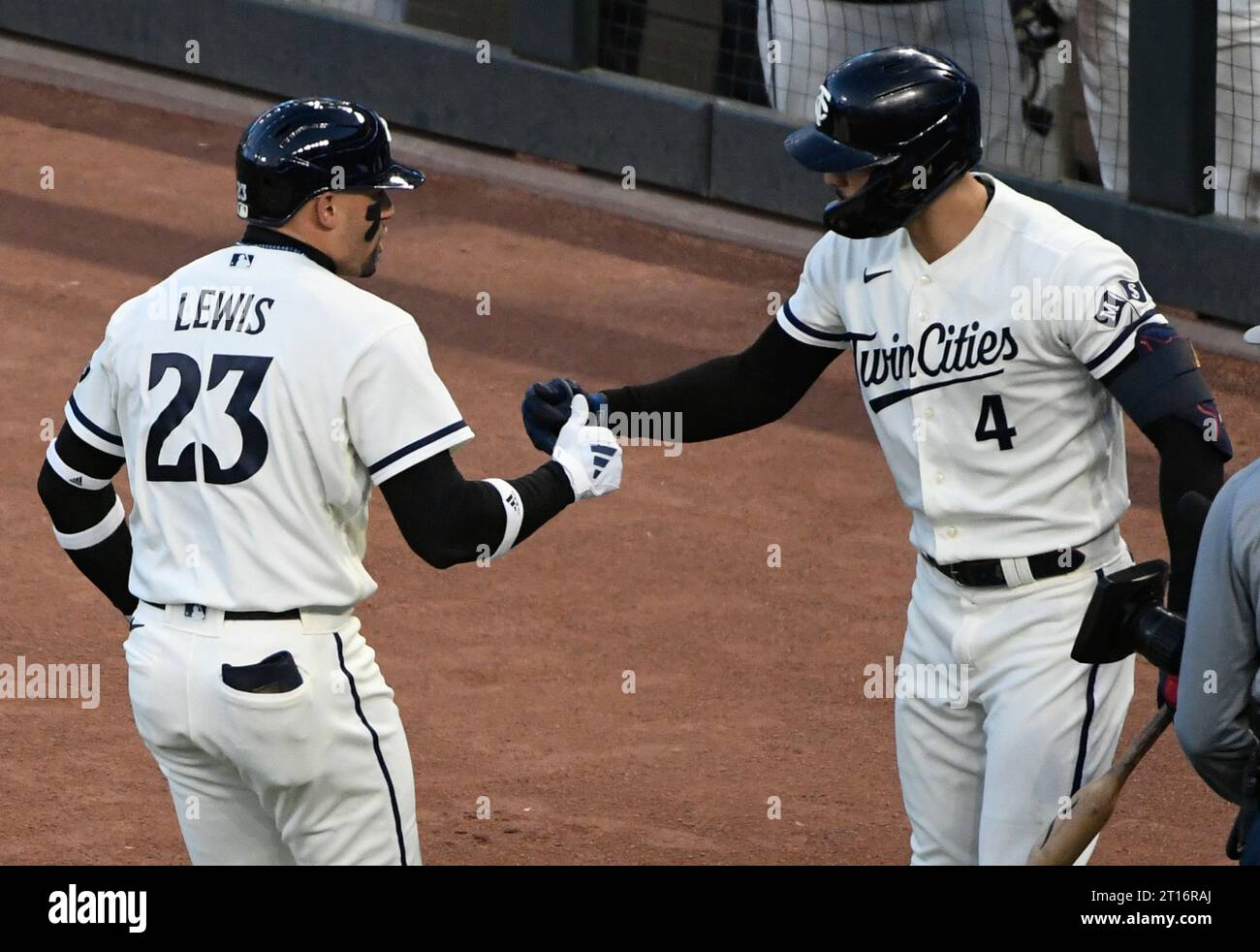 Minneapolis, United States. 11th Oct, 2023. Minnesota Twins Royce Lewis is congratulated by Carlos Correa after hitting a solo home run in the first inning against the Houston Astros in game four of an MLB American League Division Series at Target Field in Minneapolis on Wednesday, October 11, 2023. Photo by Craig Lassig/UPI. Credit: UPI/Alamy Live News Stock Photo