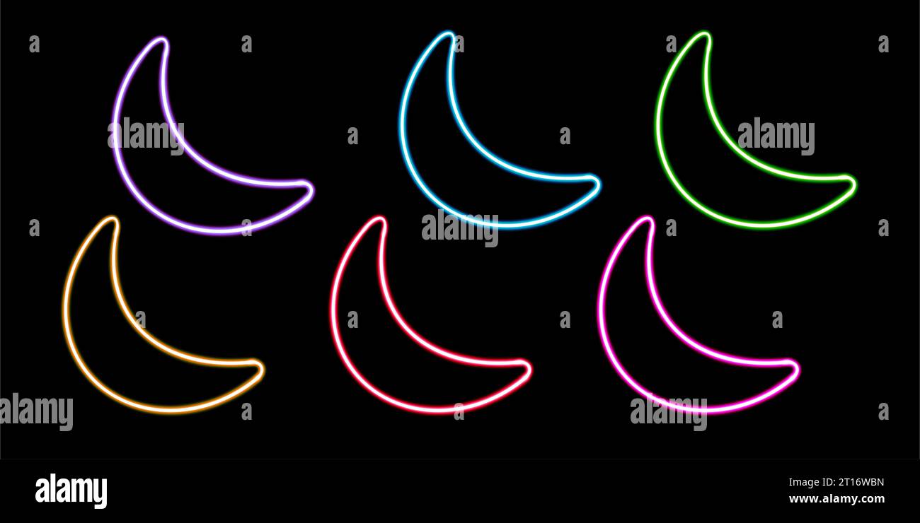 set moon glowing desktop icon, neon moon sticker, neon space figure