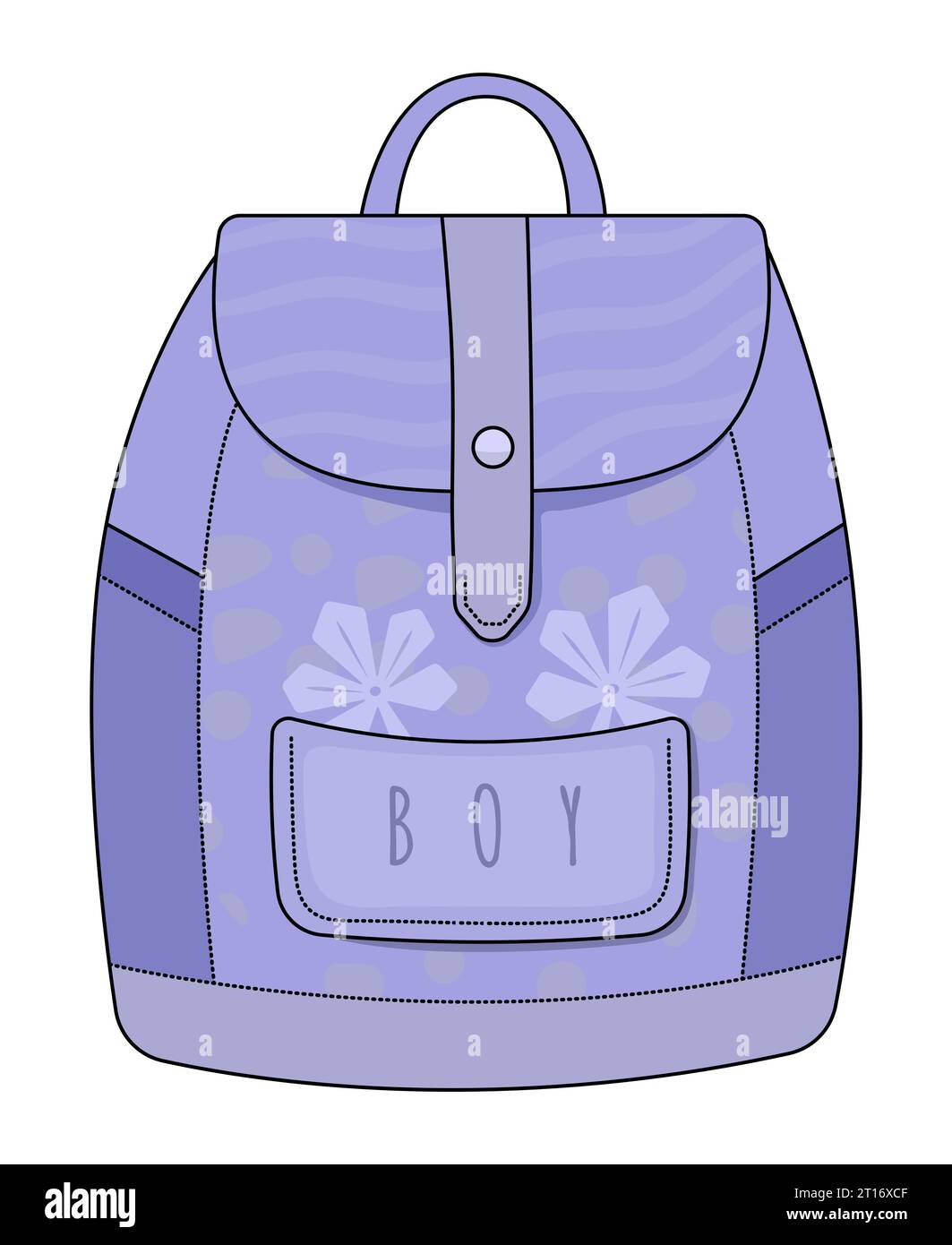 Boy blue backpack with chestnut leaves, doodle of school and travel