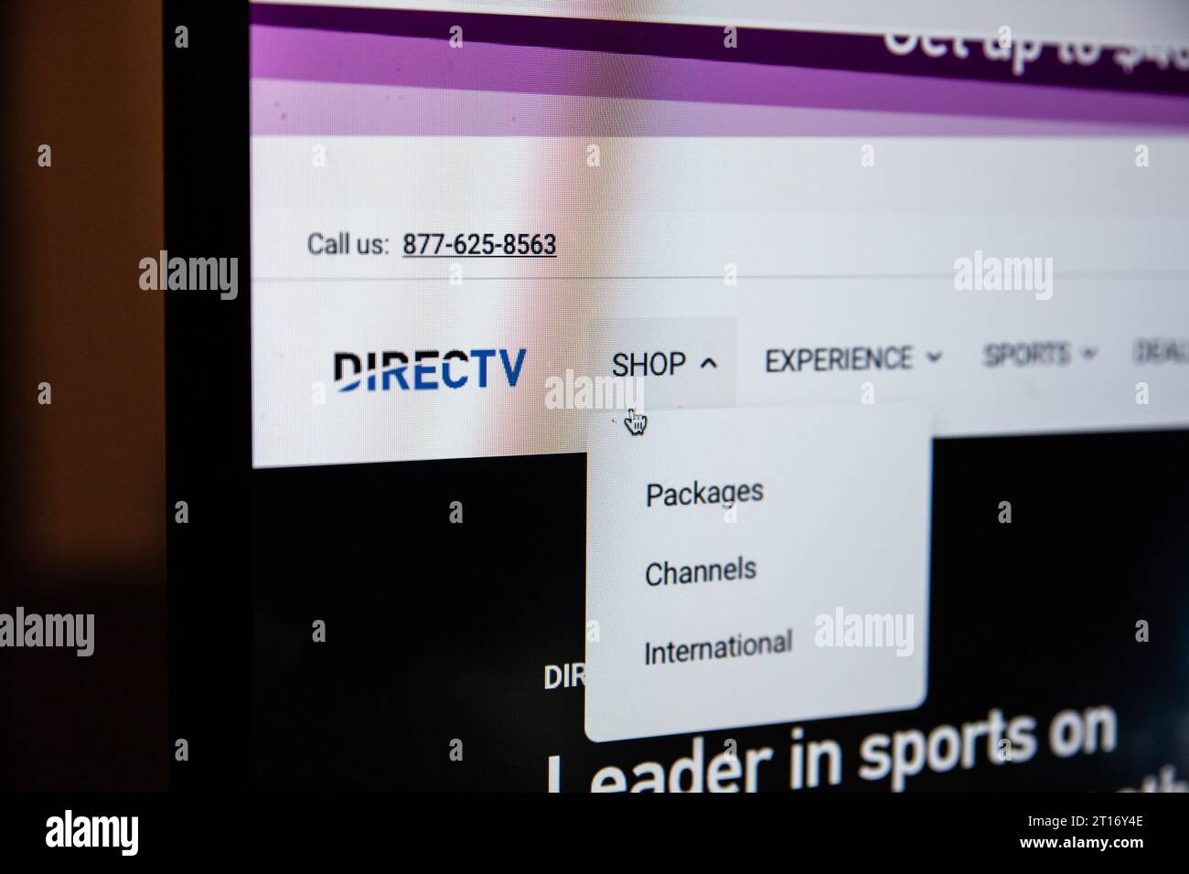 Picture of a sign with the logo of Directv on their homepage website. DirecTV is an American
