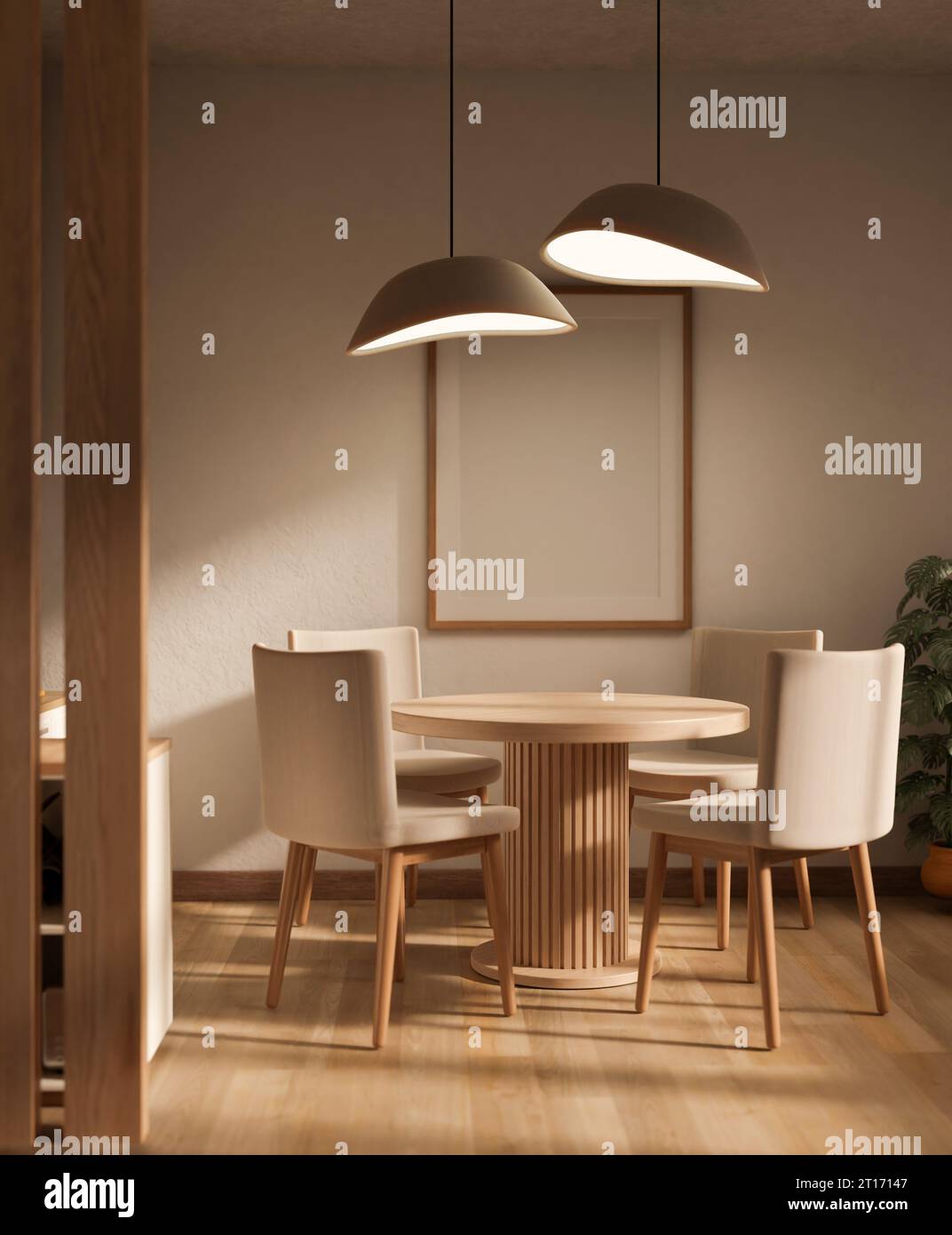 Interior design of a minimalist Scandinavian dining room with a minimal dining table, comfy ...