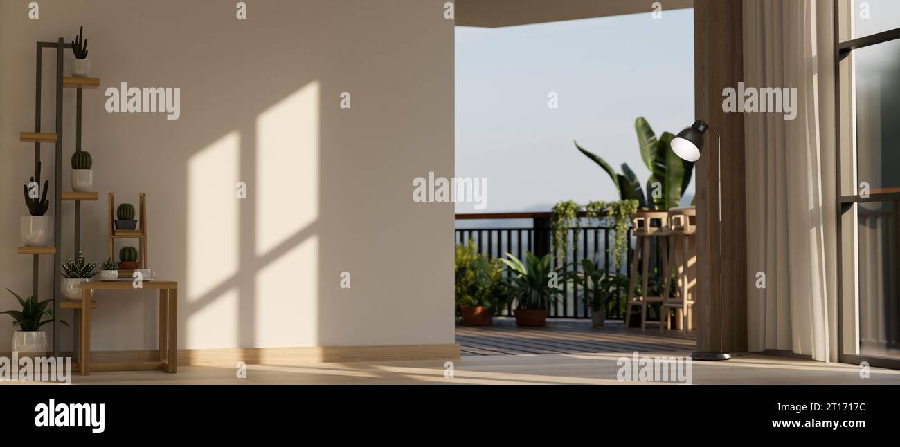 Interior design of a modern spacious living room with a garden on a ...