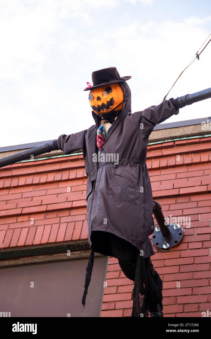 Salem, MA. Halloween decorations festoon Derby St in downtown Salem, MA