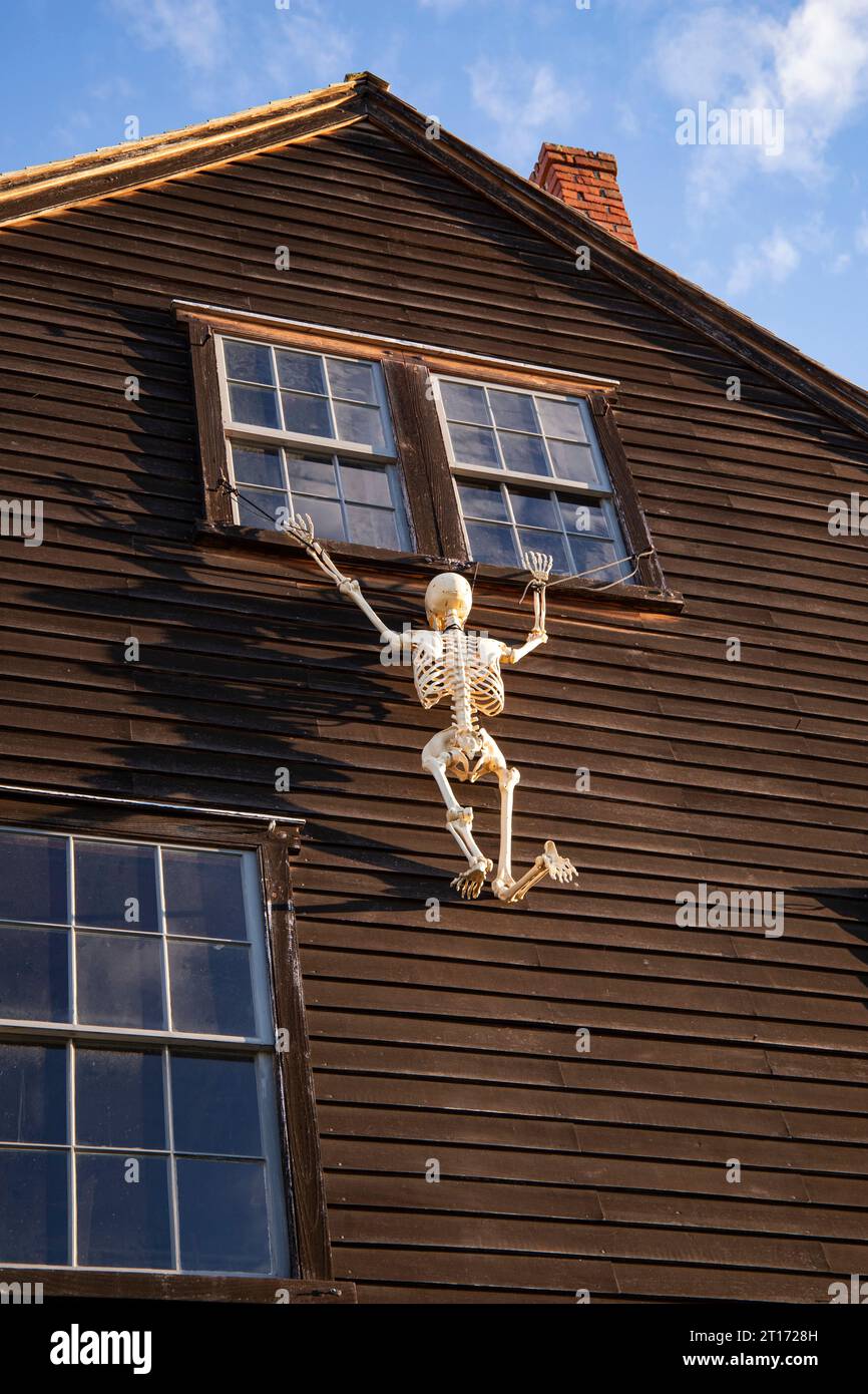 Salem, MA. Halloween decorations festoon Derby St in downtown Salem, MA
