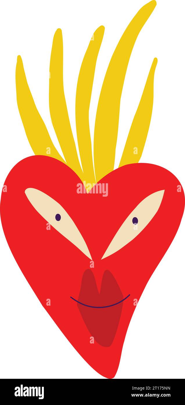 Red quirky strange clockwork heart with a funny surprised face. Illustration in modern childish hand drawn style Stock Vector