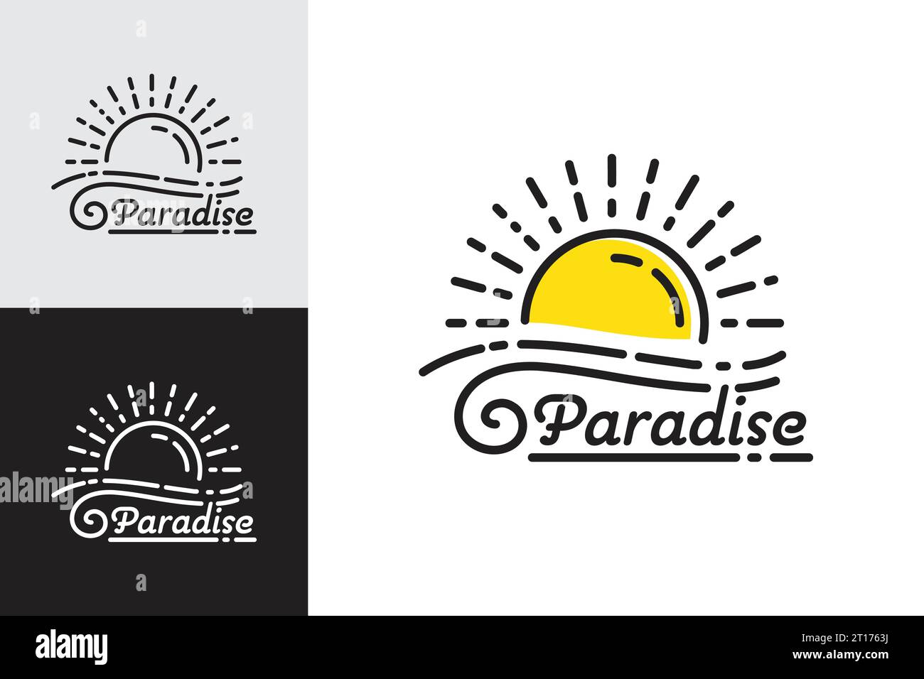 Line art of paradise logo at sunset with tidal ocean waves Stock Vector