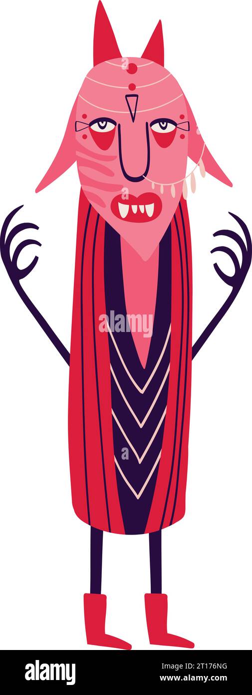 Angry Pink demon with a creepy face. Modern cartoon illustration for Halloween holiday Stock Vector