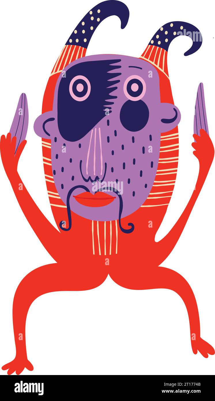 ugly red devil with a face in the mask . Strange Halloween characters. Vibrant bright Strange
