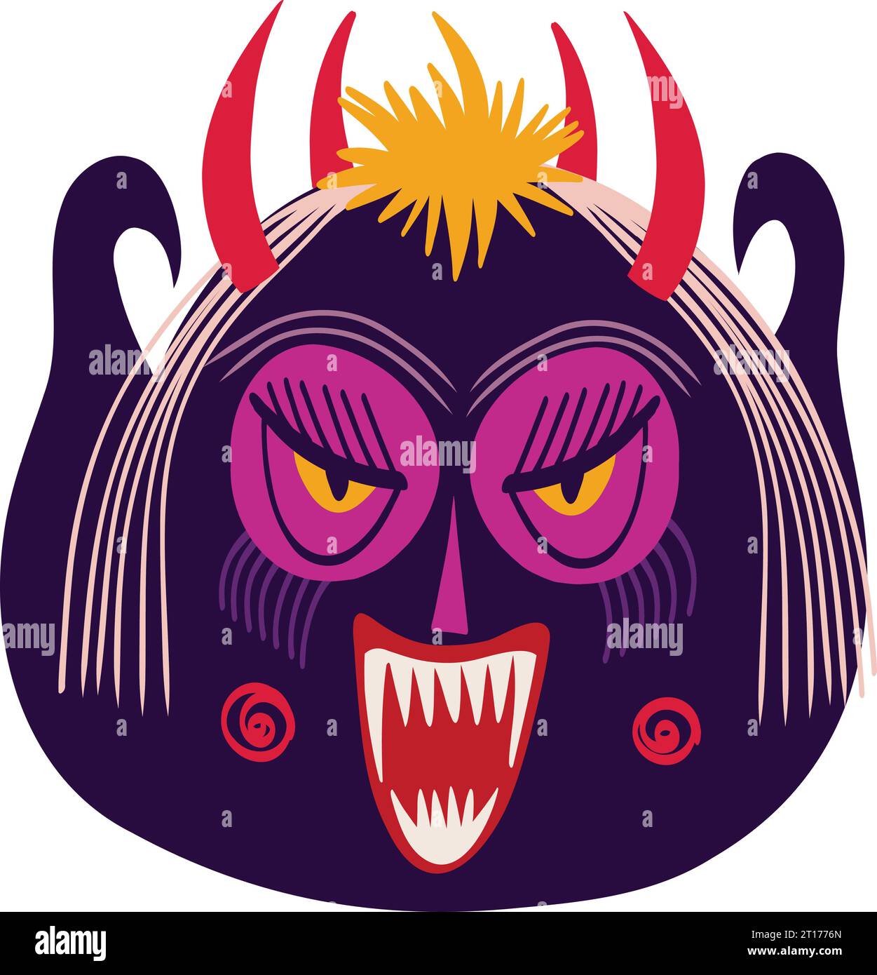 Horned strange ugly angry demon. Illustration in childish style Stock Vector
