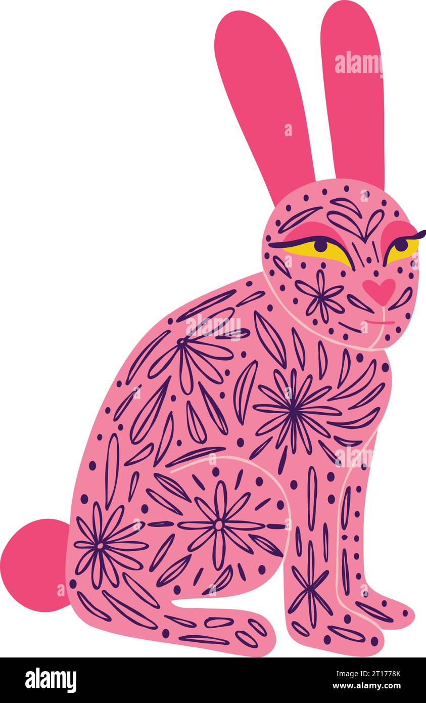 Cute pink rabbit with tattoos Illustration in a modern childish hand-drawn style Stock Vector