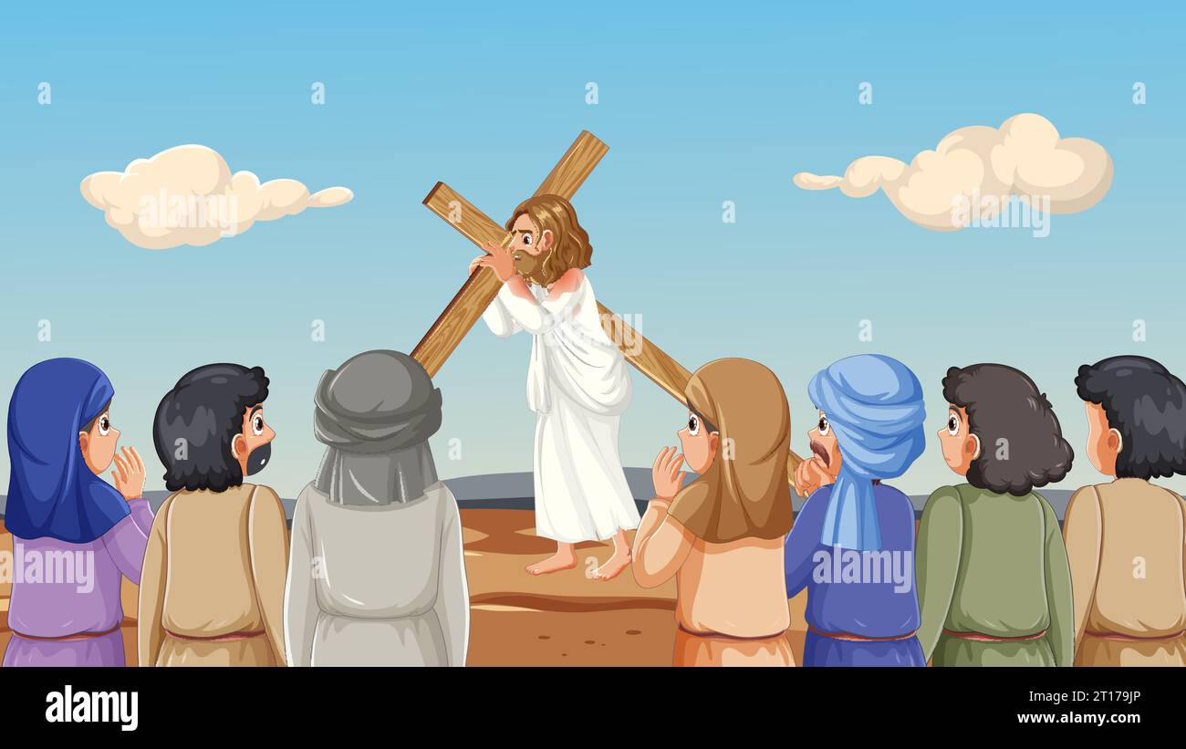 People looking at Jesus as he walks on bear feet Stock Vector