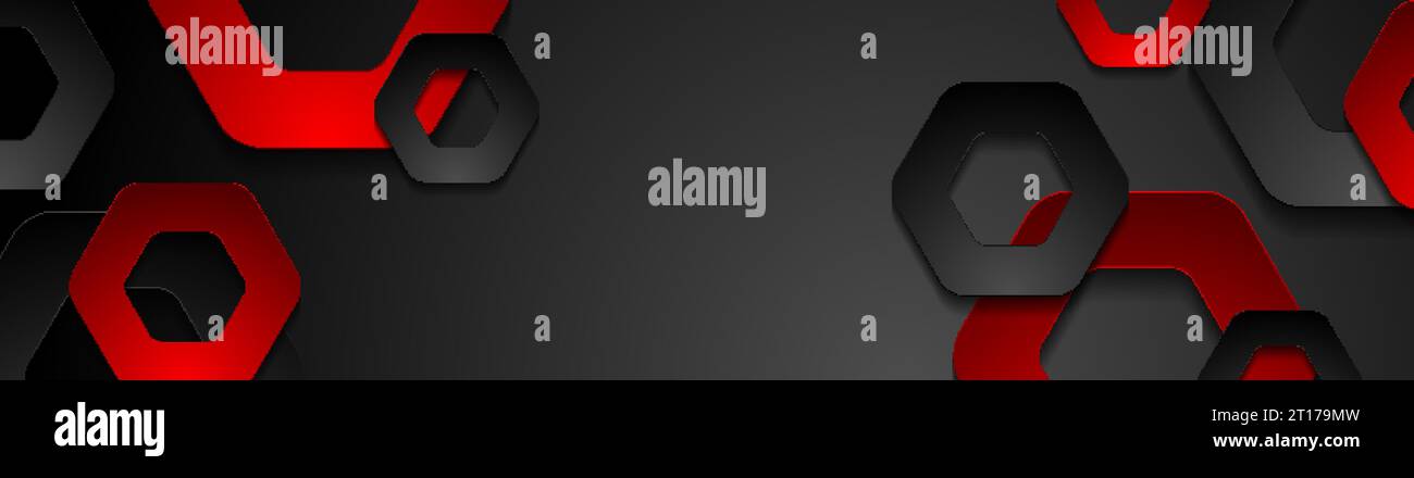 Red and black hexagons abstract tech background. Geometric vector banner design Stock Vector