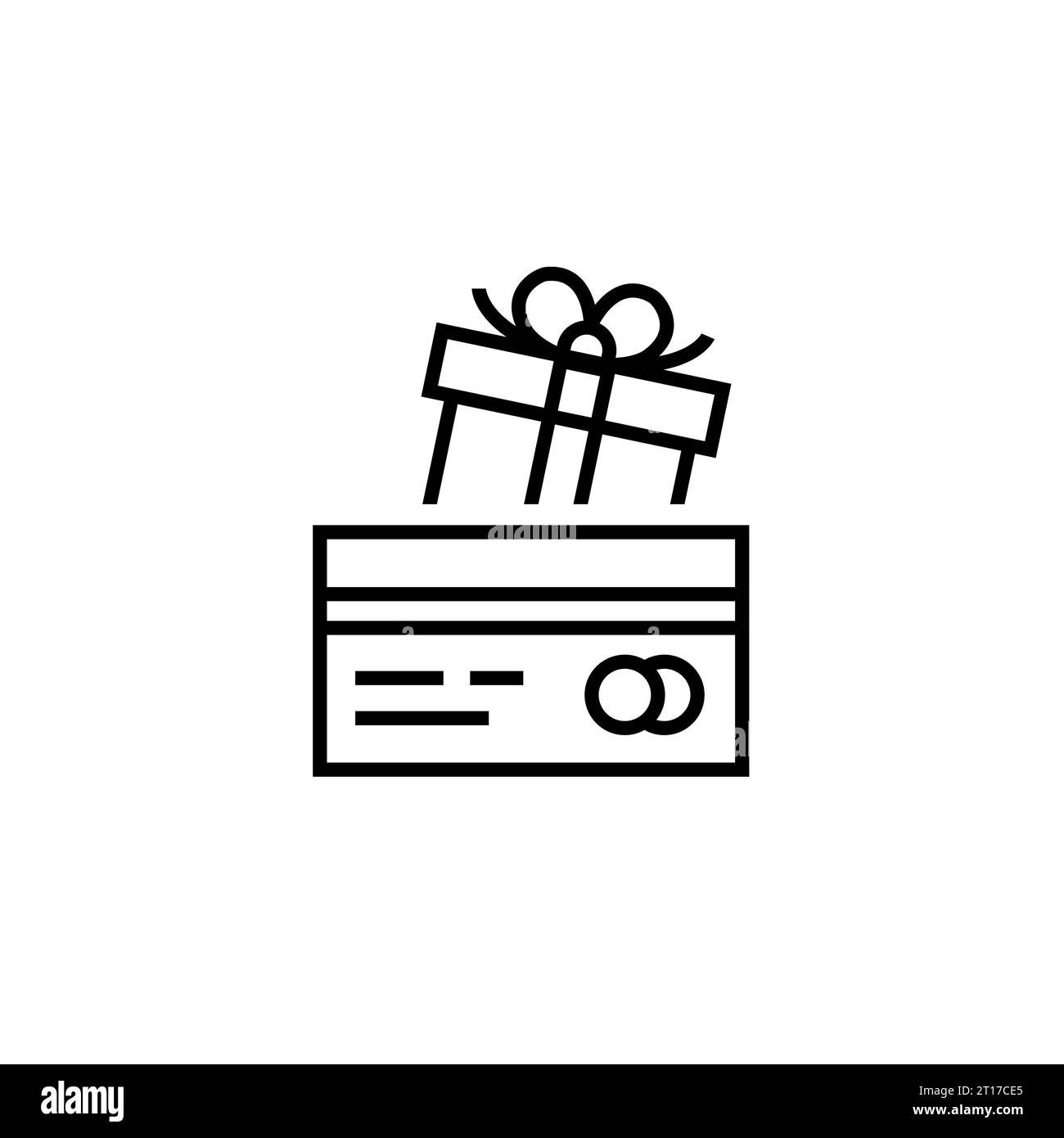 Credit card payment bonus. Linear icon of discount card with gift box. Black simple illustration of certificate, special offer, sale Stock Vector