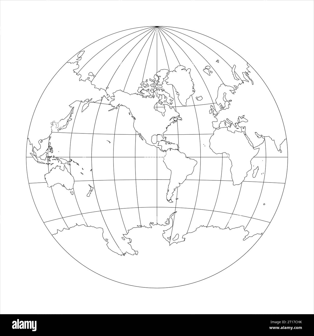 Simplified Map of World in the circle focused on Americas. Latitude and