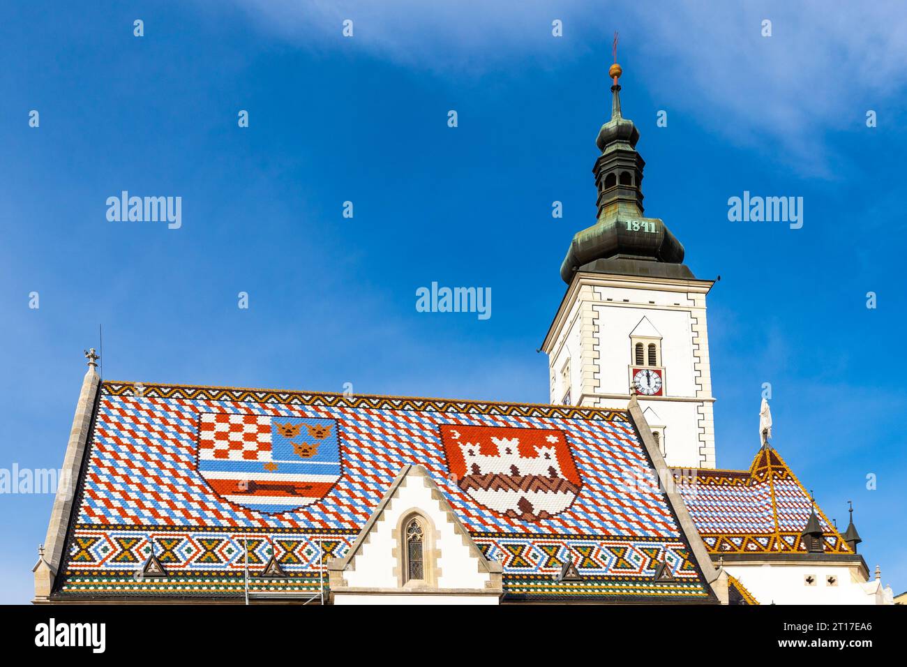 St. Mark is the parish church of old Zagreb, located in St. Mark's aquare and the oldest architectural monument in town, the roof tiles is coat of arm Stock Photo
