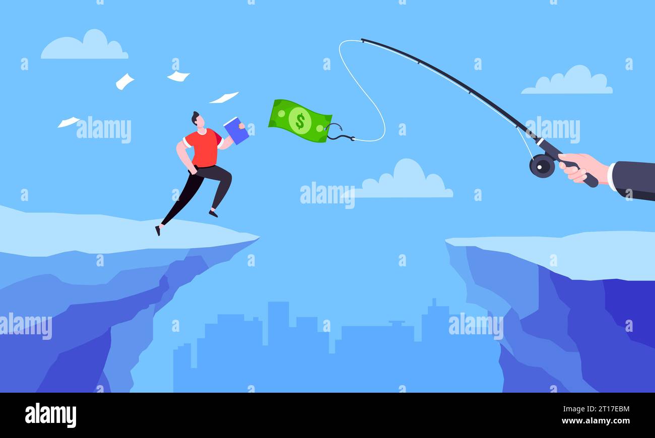 Fishing money chase business concept with businessman running after dangling dollar jumps over the cliff. Working hard and always busy in the loop rou Stock Vector