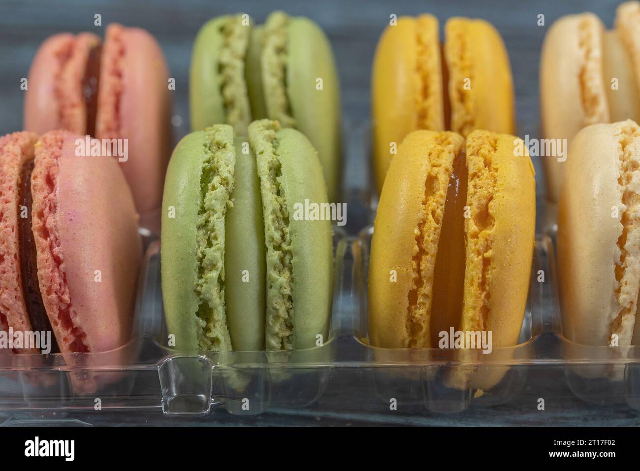 macaroons in a display case, close-up Stock Photo