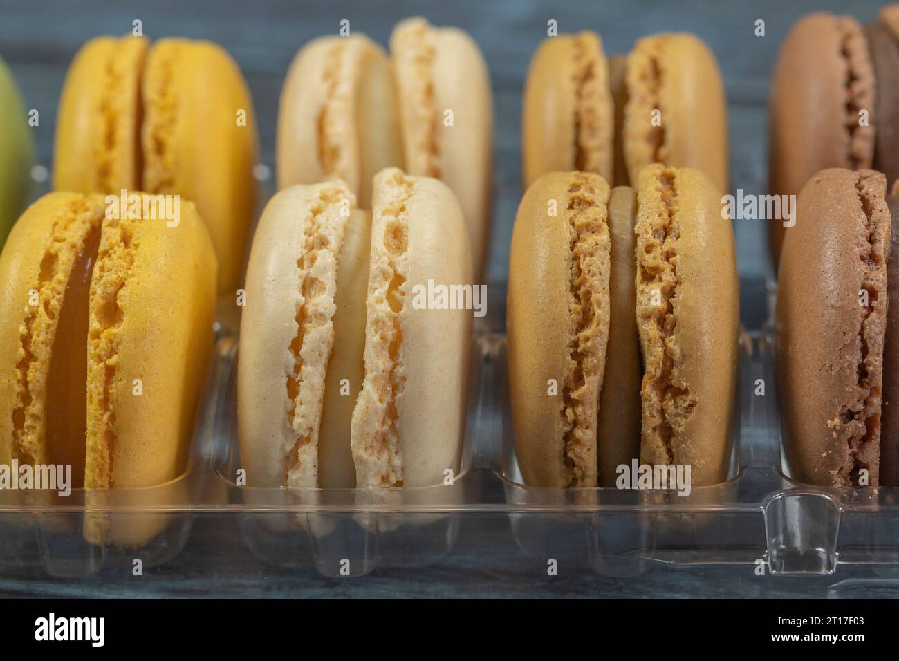 macaroons in a display case, close-up Stock Photo