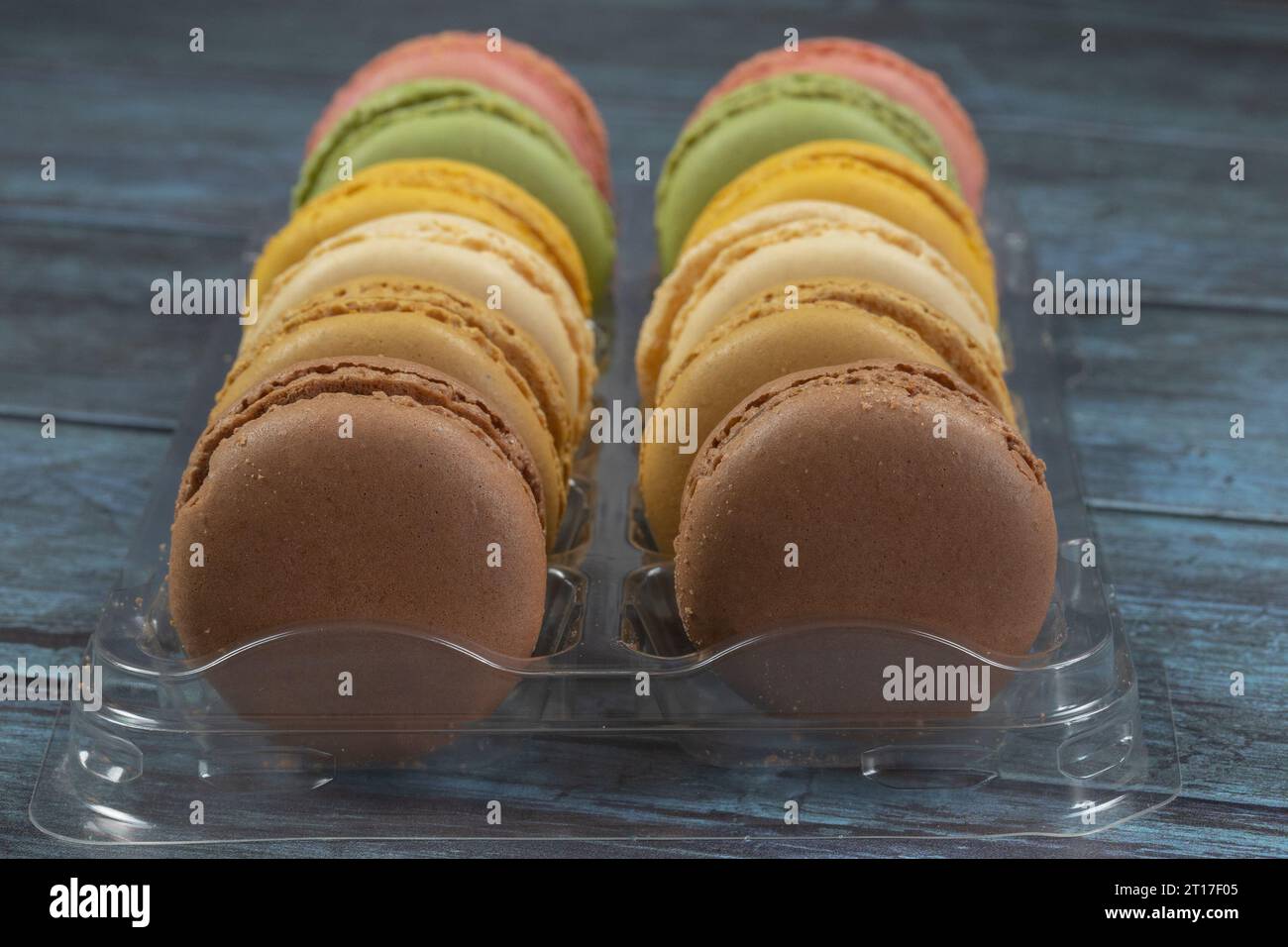 macaroons in a display case, close-up Stock Photo