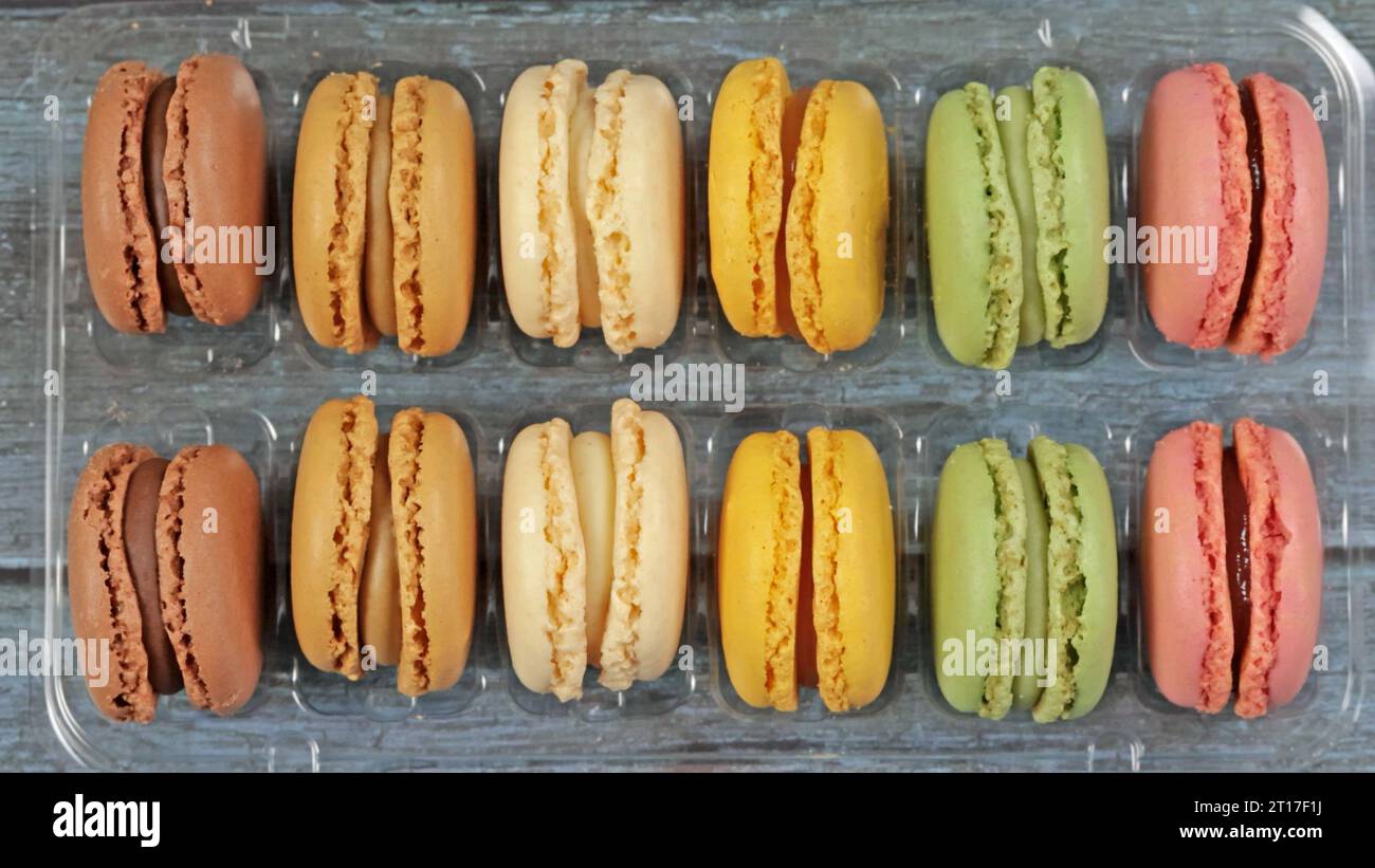 macaroons in a display case, close-up Stock Photo
