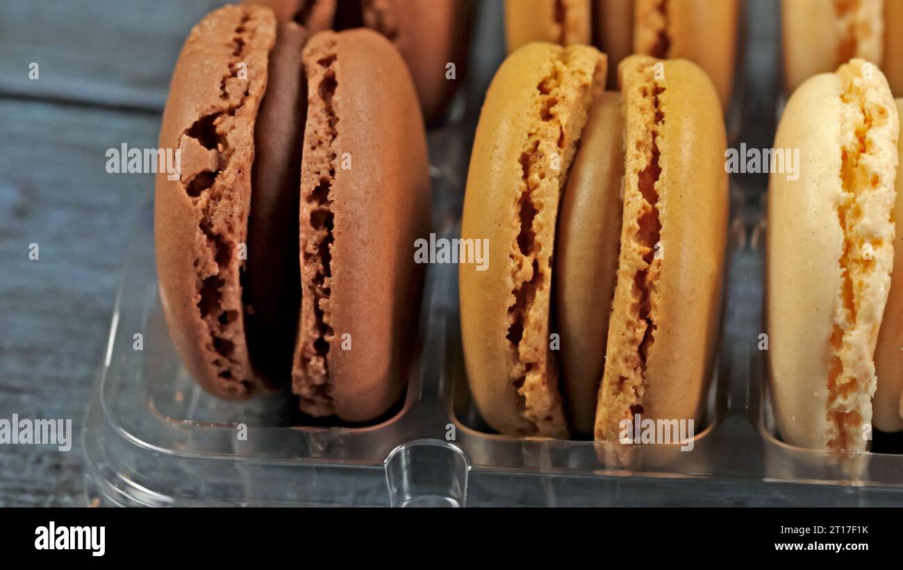 macaroons in a display case, close-up Stock Photo