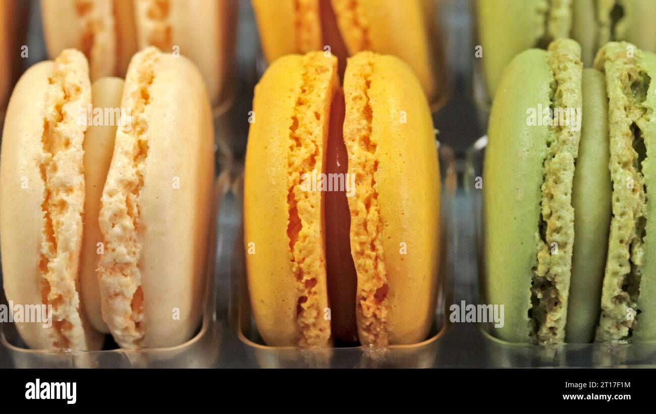 macaroons in a display case, close-up Stock Photo