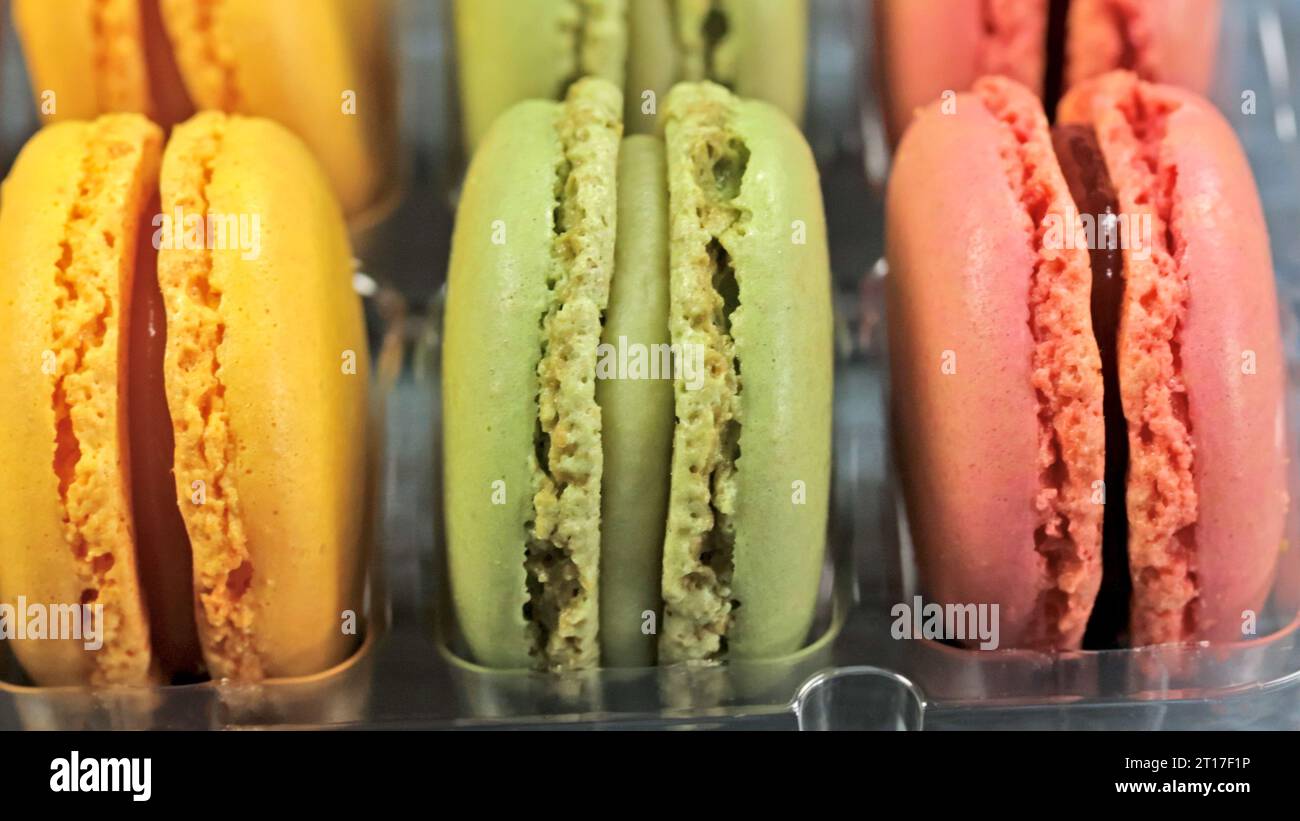 macaroons in a display case, close-up Stock Photo