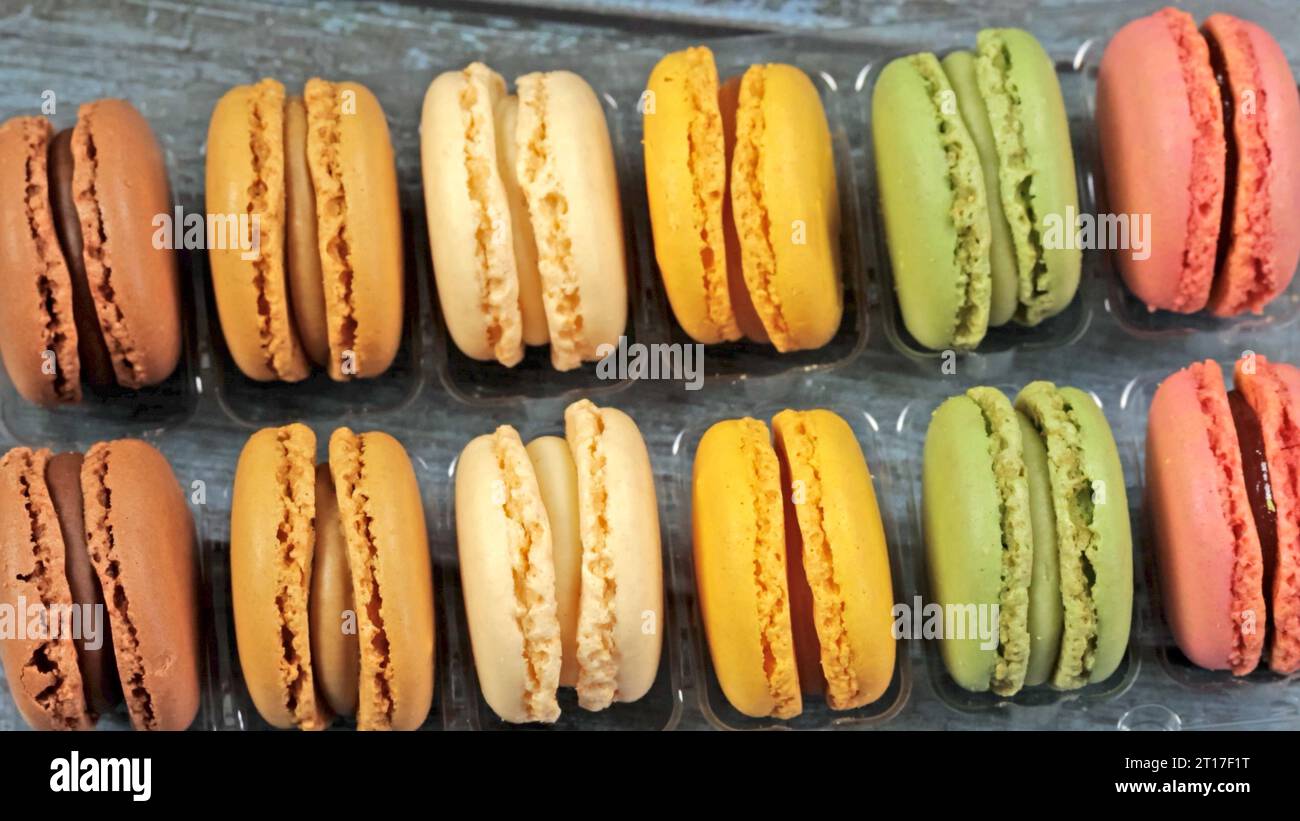 macaroons in a display case, close-up Stock Photo
