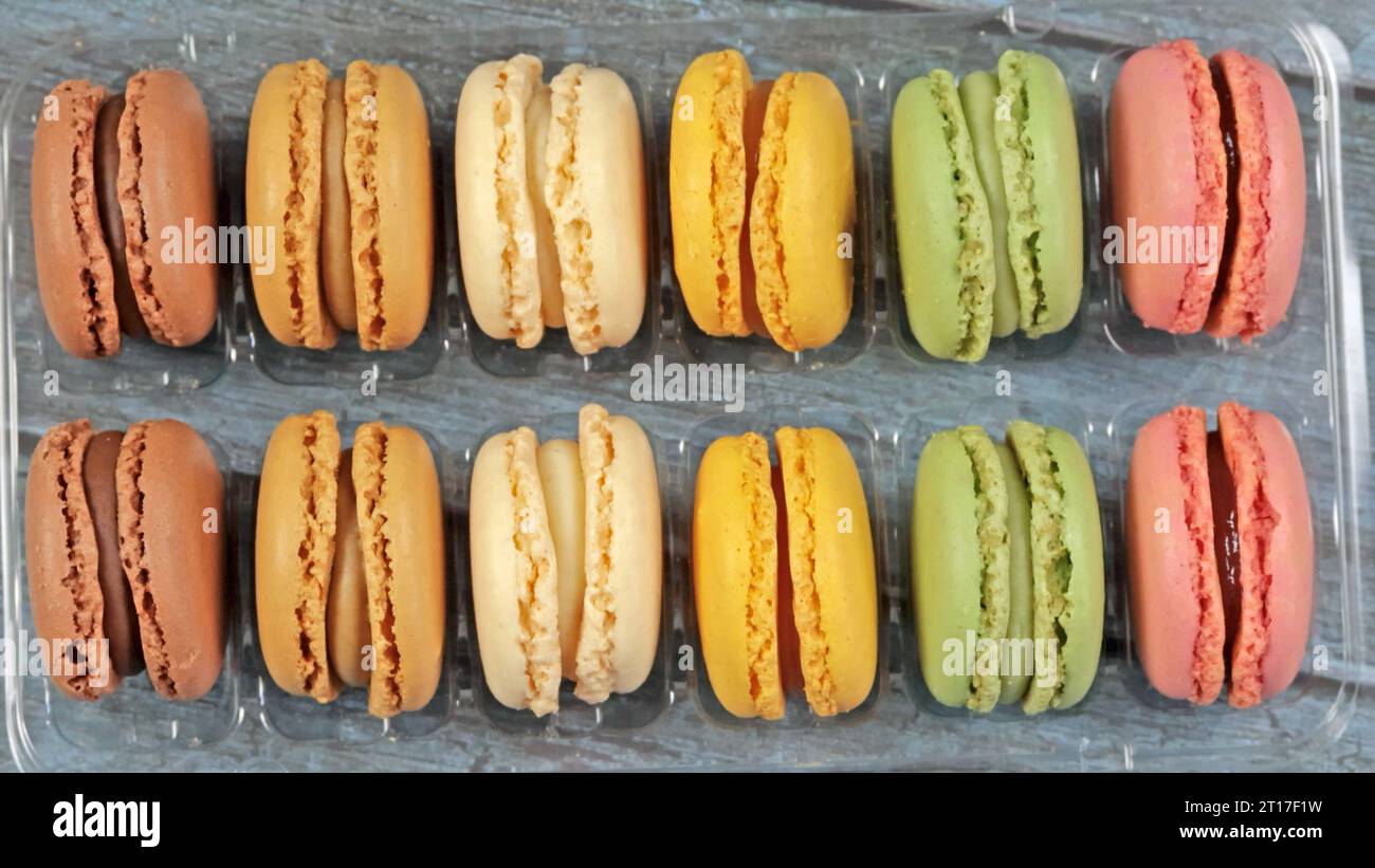 macaroons in a display case, close-up Stock Photo